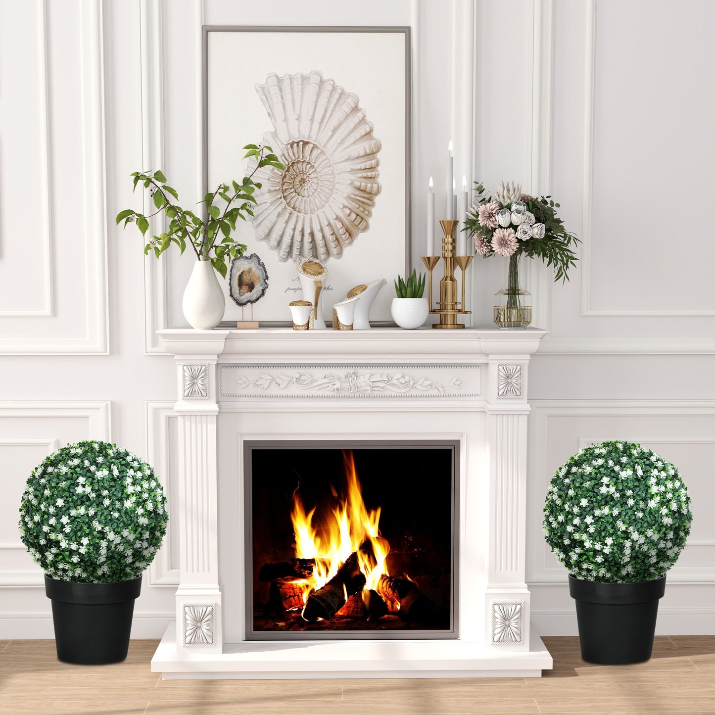 HOMCOM Set of Two Artificial Boxwood Balls White for Indoor or Outdoor Decor Realistic Thick Plastic