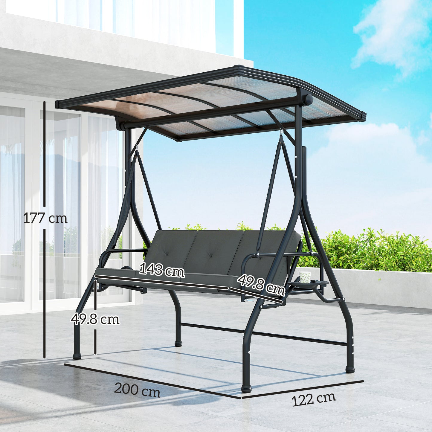 Outsunny Convertible Three Seater Swing Bench Bed With 90 Degree Canopy Side Cup Trays UPF30 Shade Dark Grey