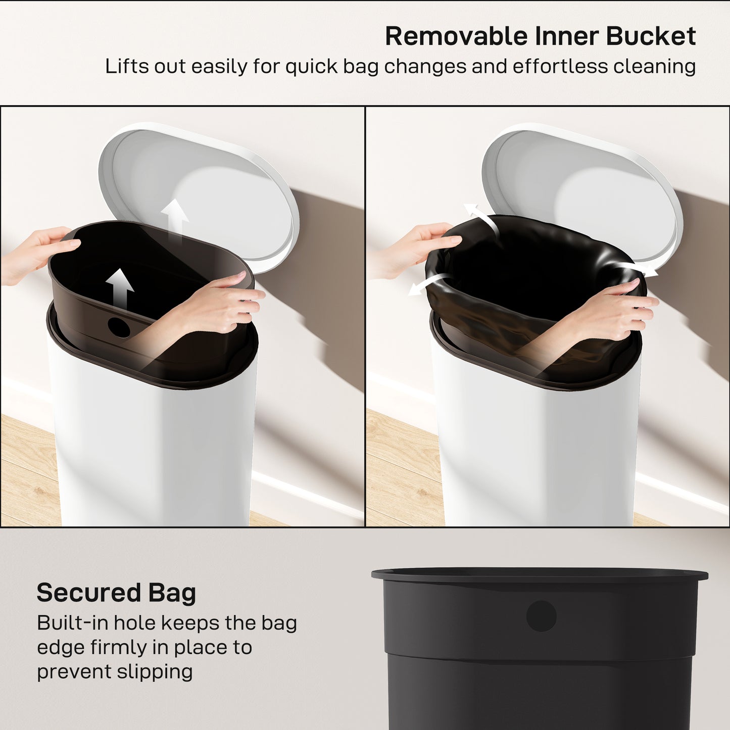 HOMCOM 30 L Modern Curved Kitchen Bin with Silent Soft Close Lid Cream Finish Pedal Operation