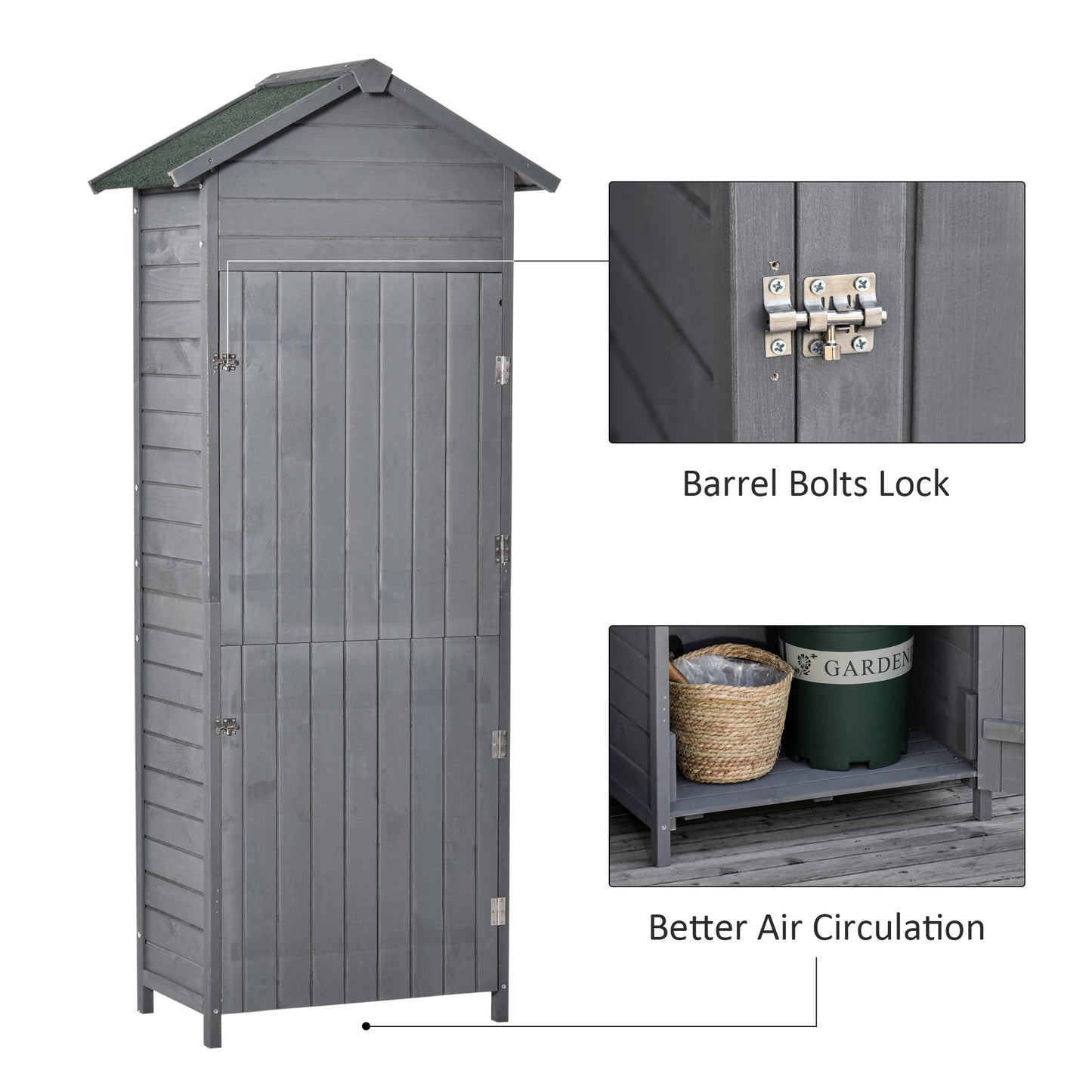 Outsunny Narrow Fir Wood Garden Storage Shed with Lockable Doors and Shelving, Grey - 189 x 82 x 49 cm - ALL4U RETAILER LTD