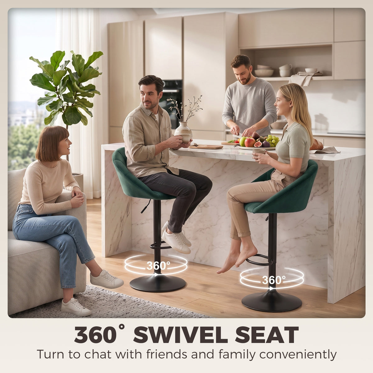 Dark green velvet bar stool set showing 360° swivel seat and backrest