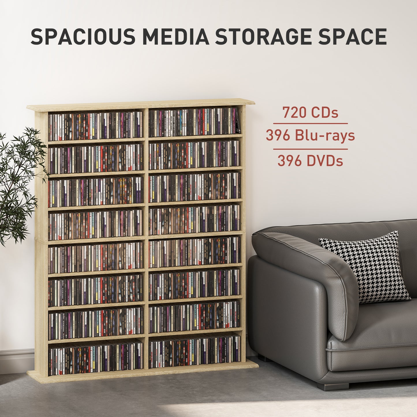 HOMCOM 16 Compartment Media Shelf Nature Wood Finish With 12 Adjustable Shelves Holds 720 CDs 396 DVDs Blu Rays