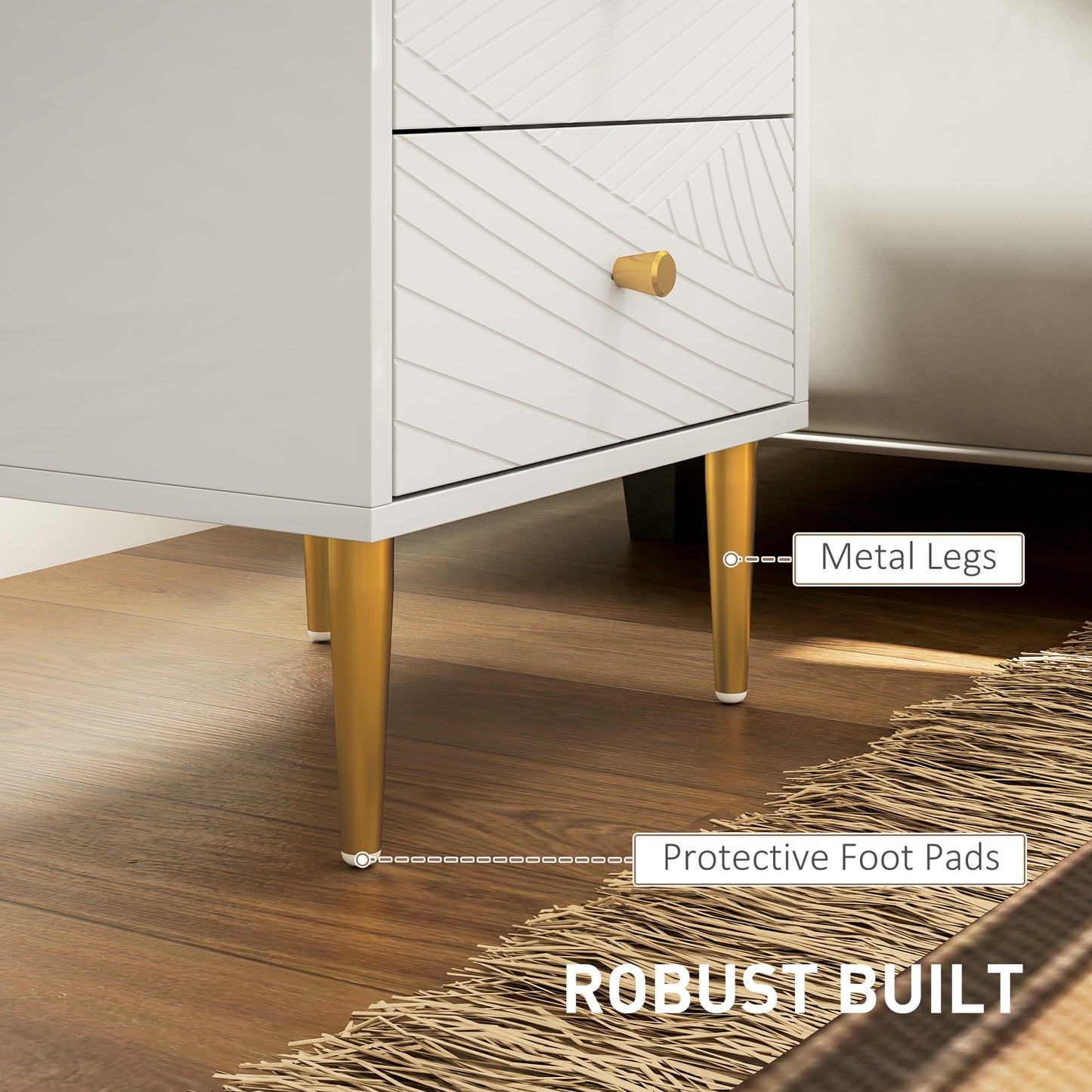 HOMCOM Elegant White And Gold Tone Two Drawer Bedside Table With Metal Legs And Spacious Storage