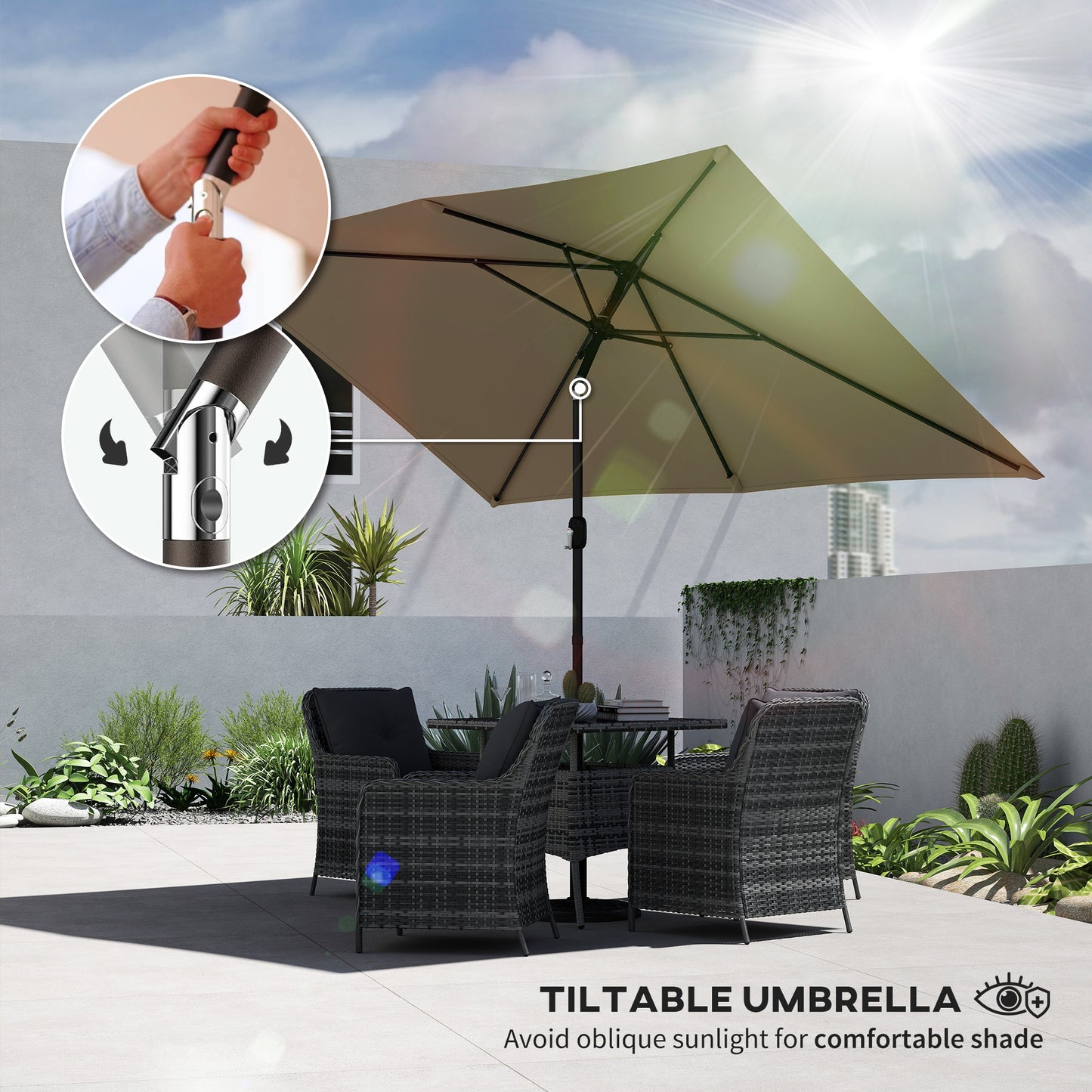 Outsunny Garden Parasol Umbrella With Crank Handle And Tilt Function 180g Polyester Canopy Fade Resistant Khaki