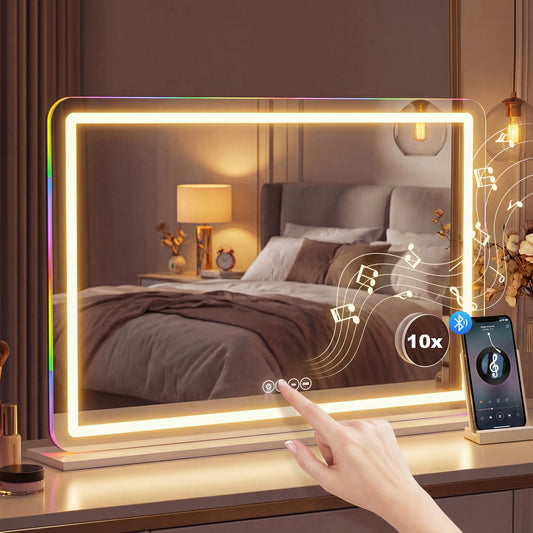 HOMCOM Vanity Mirror With Lights Dimmable Makeup Mirror Adjustable Color Temperature RGB LED Light Bluetooth Speaker White