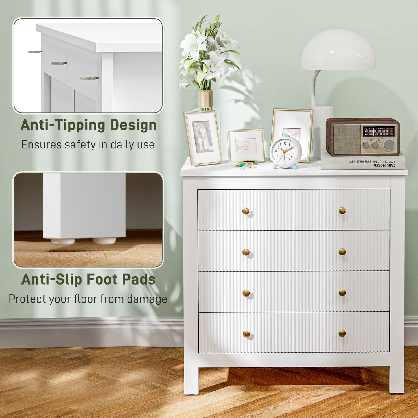 HOMCOM White Five Drawer Chest With Textured Fronts And Gold Tone Knobs For Elegant Bedroom Storage
