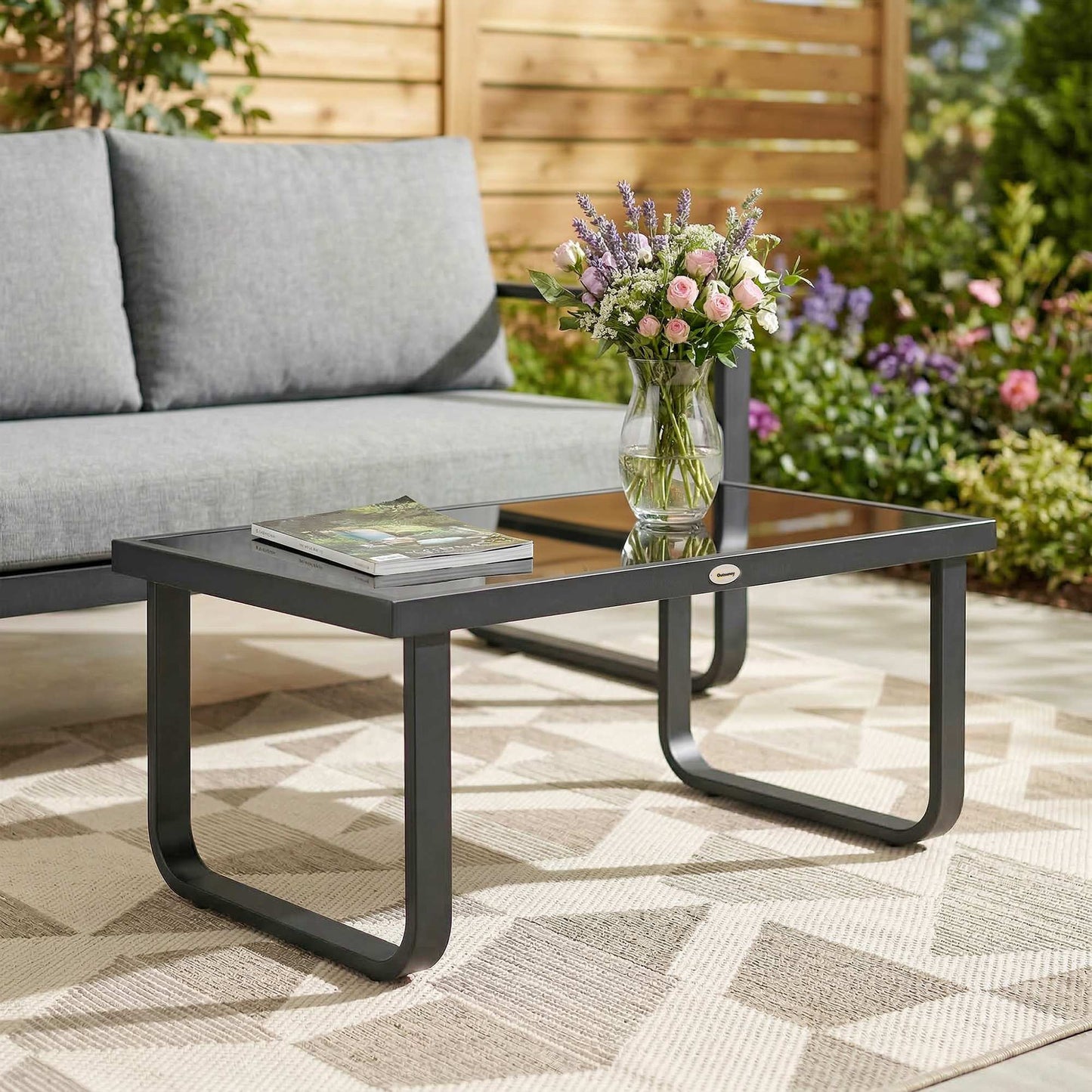 Outsunny Outdoor Garden Coffee Table With Rectangular Metal Frame Tempered Glass Top And Adjustable Foot Pads