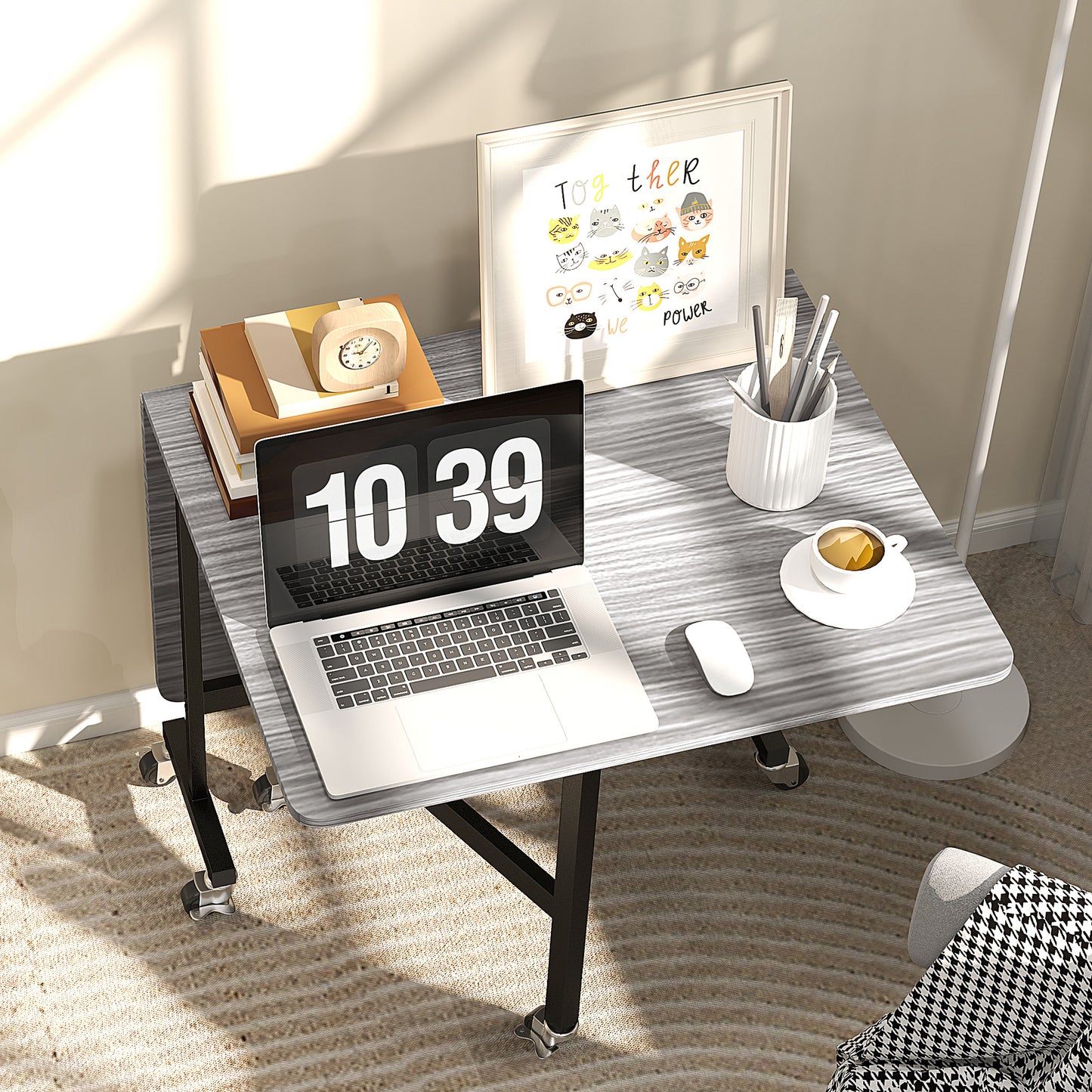 HOMCOM Six Seater Drop Leaf Dining Table With Wheels Grey Wood Effect Foldable To 26cm For Small Spaces