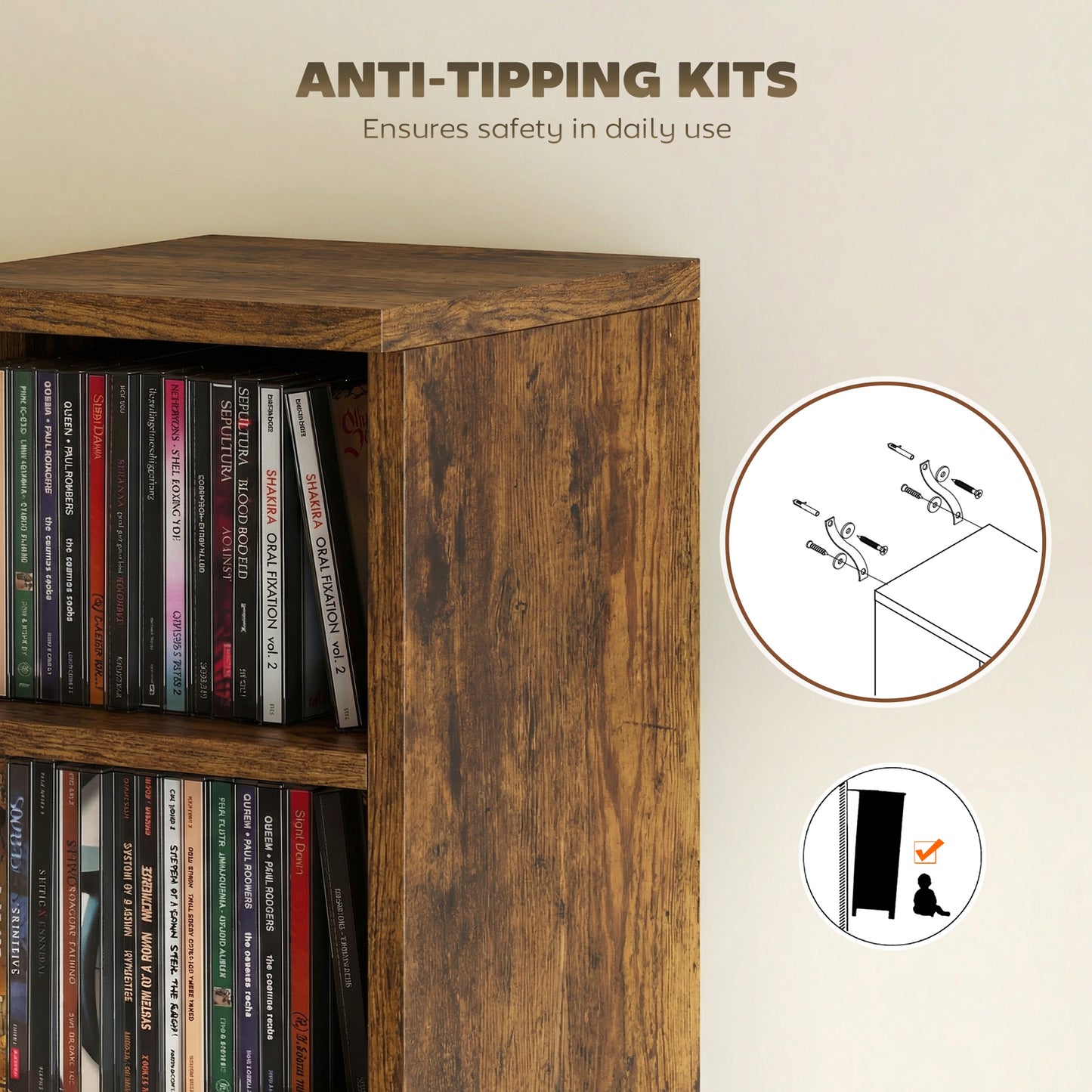 HOMCOM Set Of 2 CD Media Display Shelves Tower Rack With Adjustable Shelves Rustic Brown