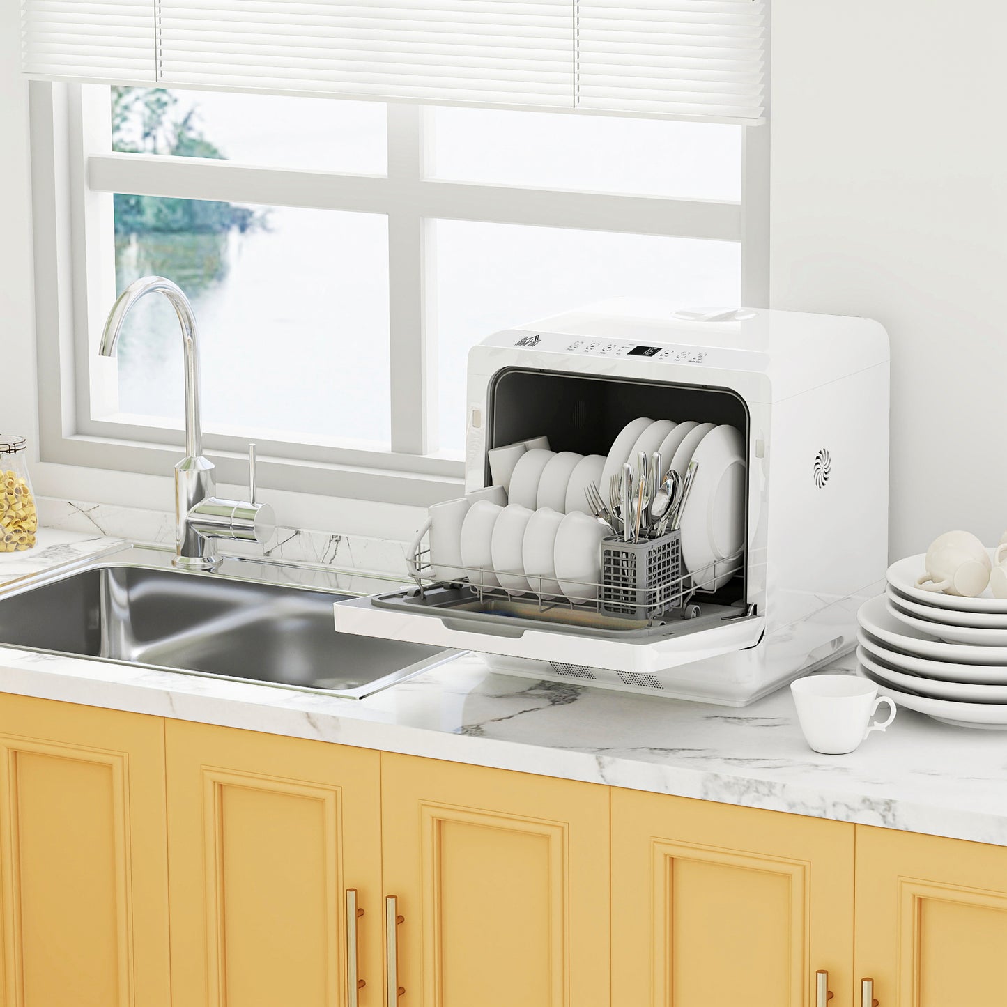 HOMCOM Tabletop Dishwasher Built In 6L Water Tank 6 Programs 4 Place Settings White