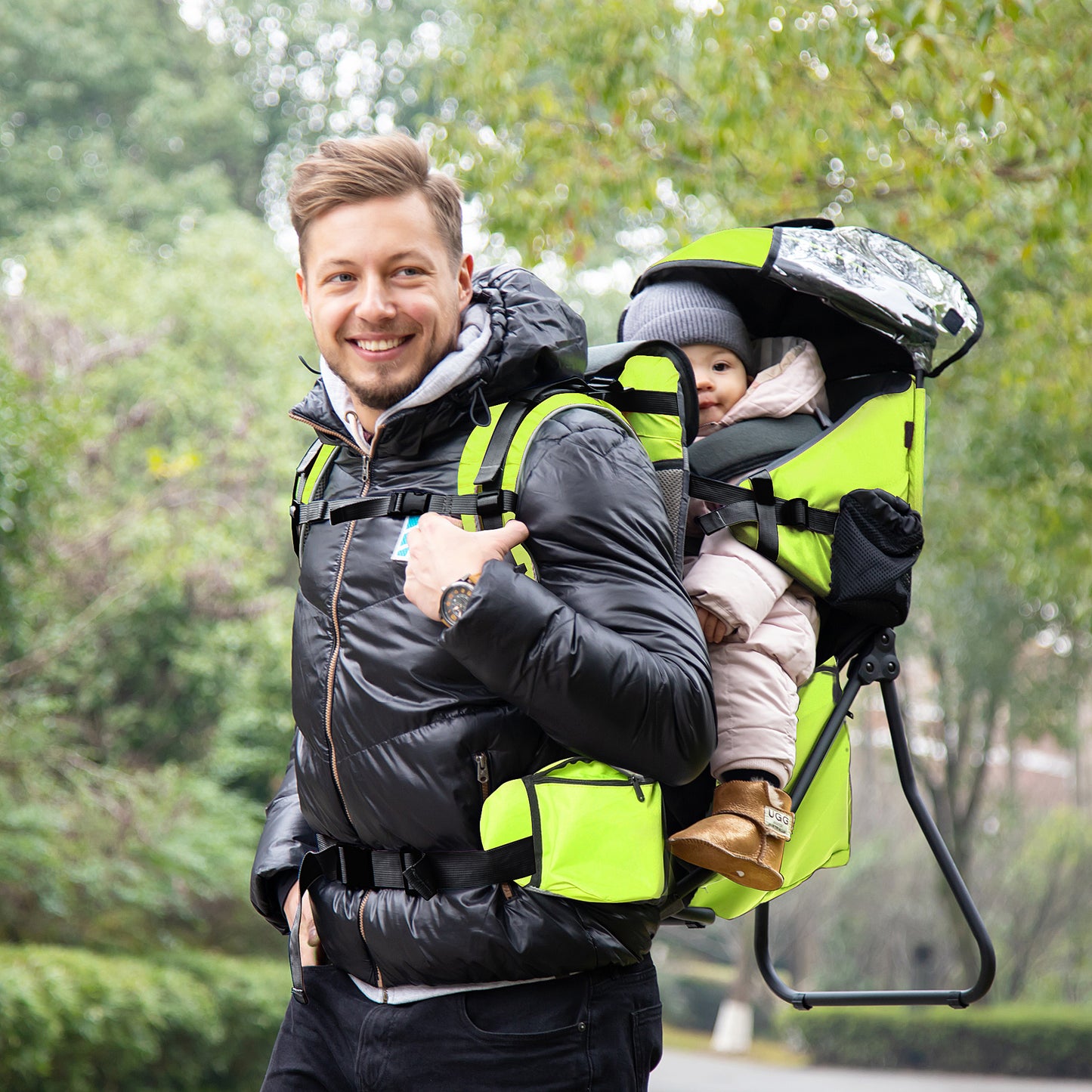 HOMCOM Ergonomic Baby Hiking Backpack Carrier with Detachable Rain Cover and Adjustable Straps for Toddlers 6-36 Months - Green - ALL4U RETAILER LTD