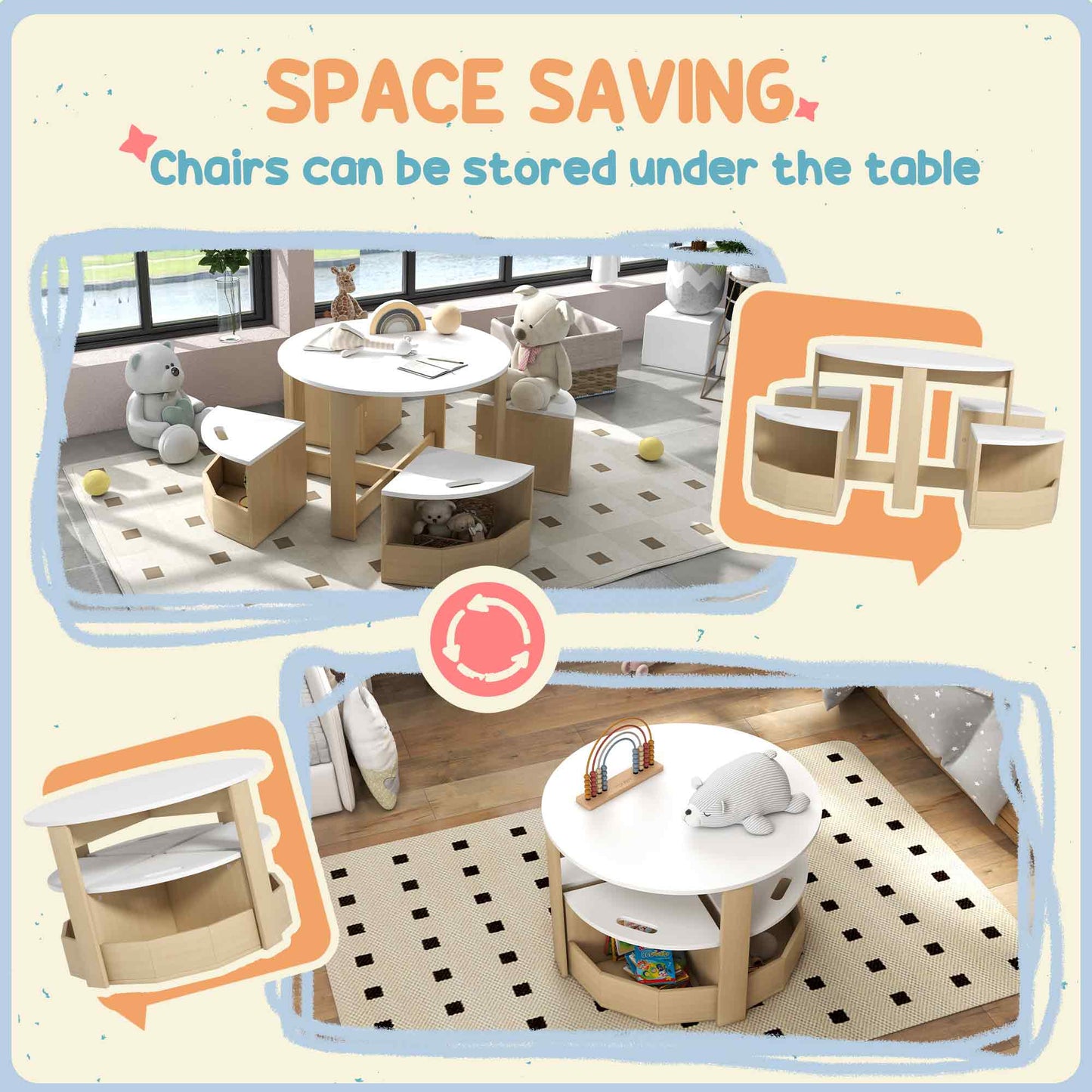 AIYAPLAY Five Piece Kids Table And Chairs Set With Storage For Ages 3 To 8 White