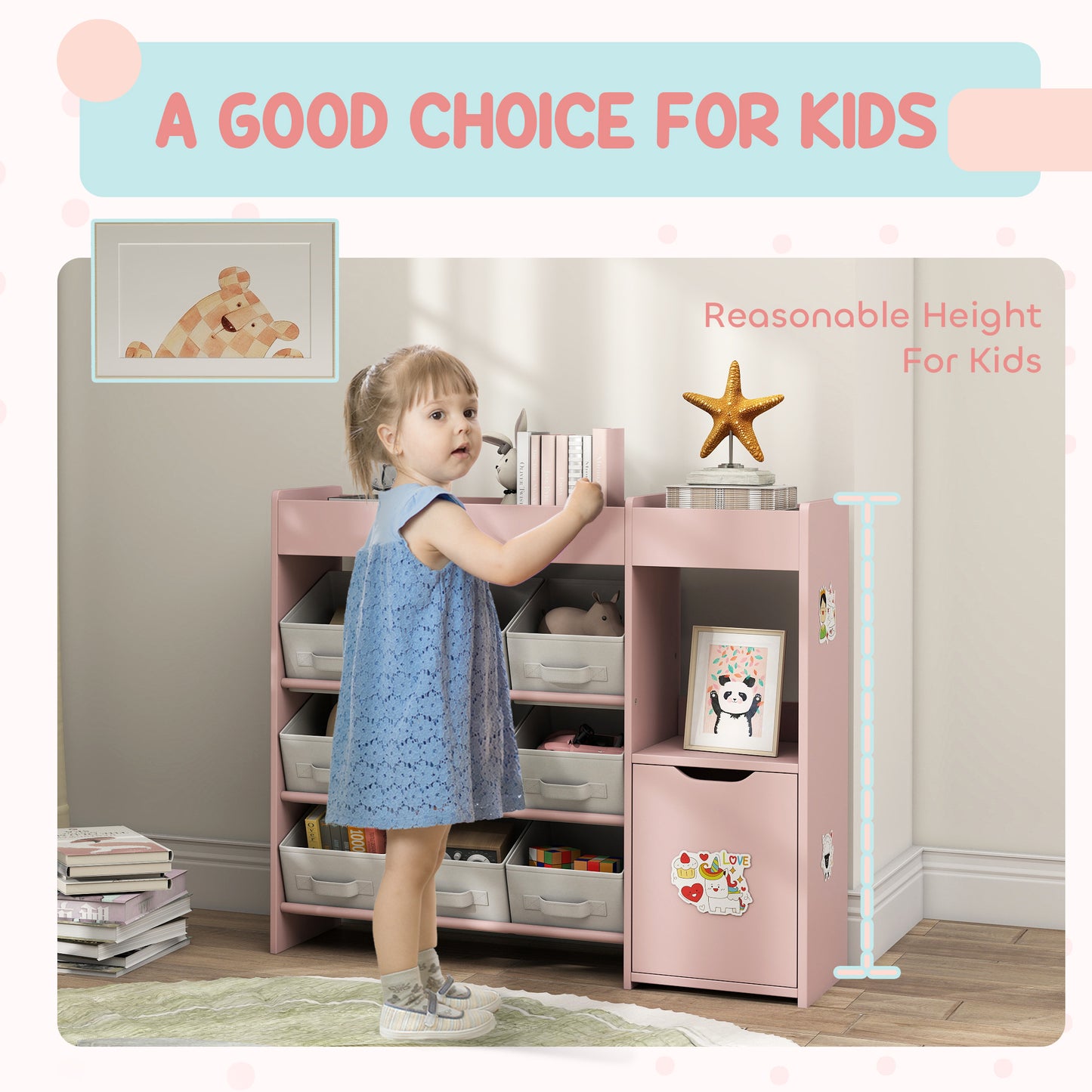 AIYAPLAY Kids Toy Storage With 9 Removable Fabric Bins Wooden Storage Unit For Toys And Books Pink Nursery Bedroom
