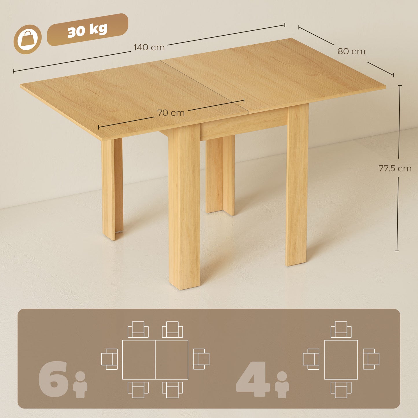 HOMCOM Extendable Rectangular Dining Table For 4 To 6 People 70 To 140 Cm Wood Effect Finish