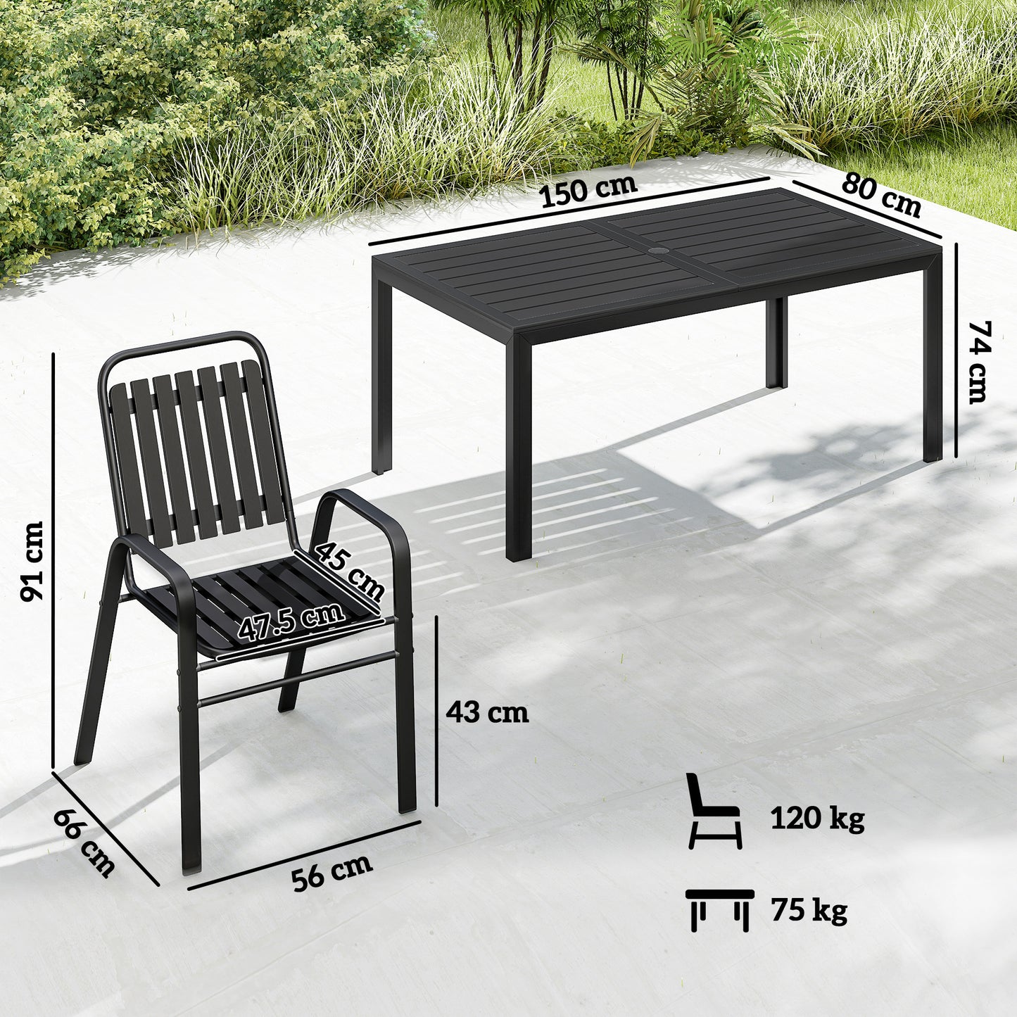 Outsunny 7 Piece Outdoor Dining Set With Umbrella Hole For 6 People Metal Table And Stackable Chairs
