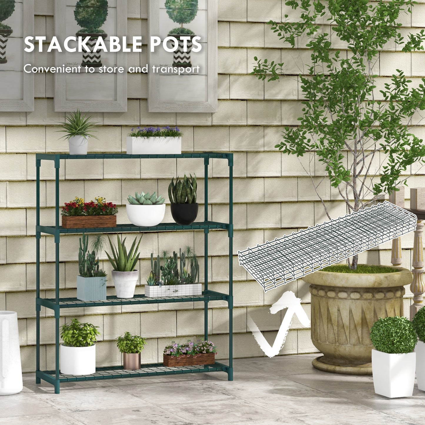 Outsunny Modern 4 Tier Plant Stand With Steel Frame Outdoor Garden Balcony Display Rack For Potted Plants Dark Green