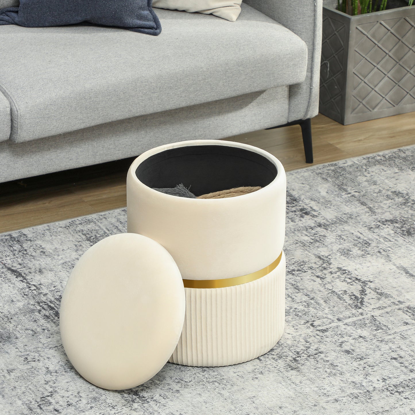 HOMCOM Velvet Upholstered Round Storage Ottoman With Removable Top Padded Seat And Hidden Storage Beige