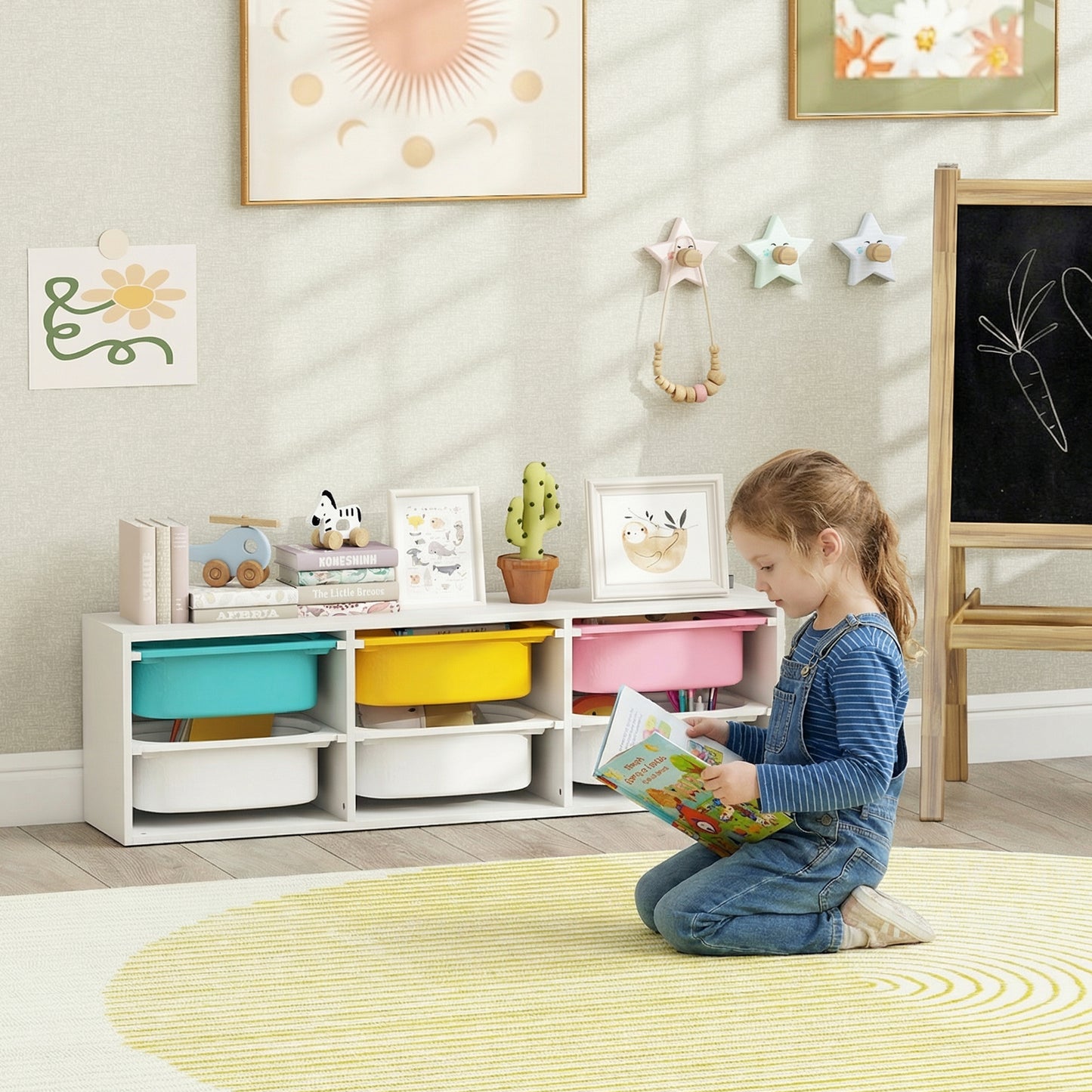 AIYAPLAY Low Height Two Tier Toy Storage Organiser With Six Removable Bins For Kids Bedroom Nursery Playroom