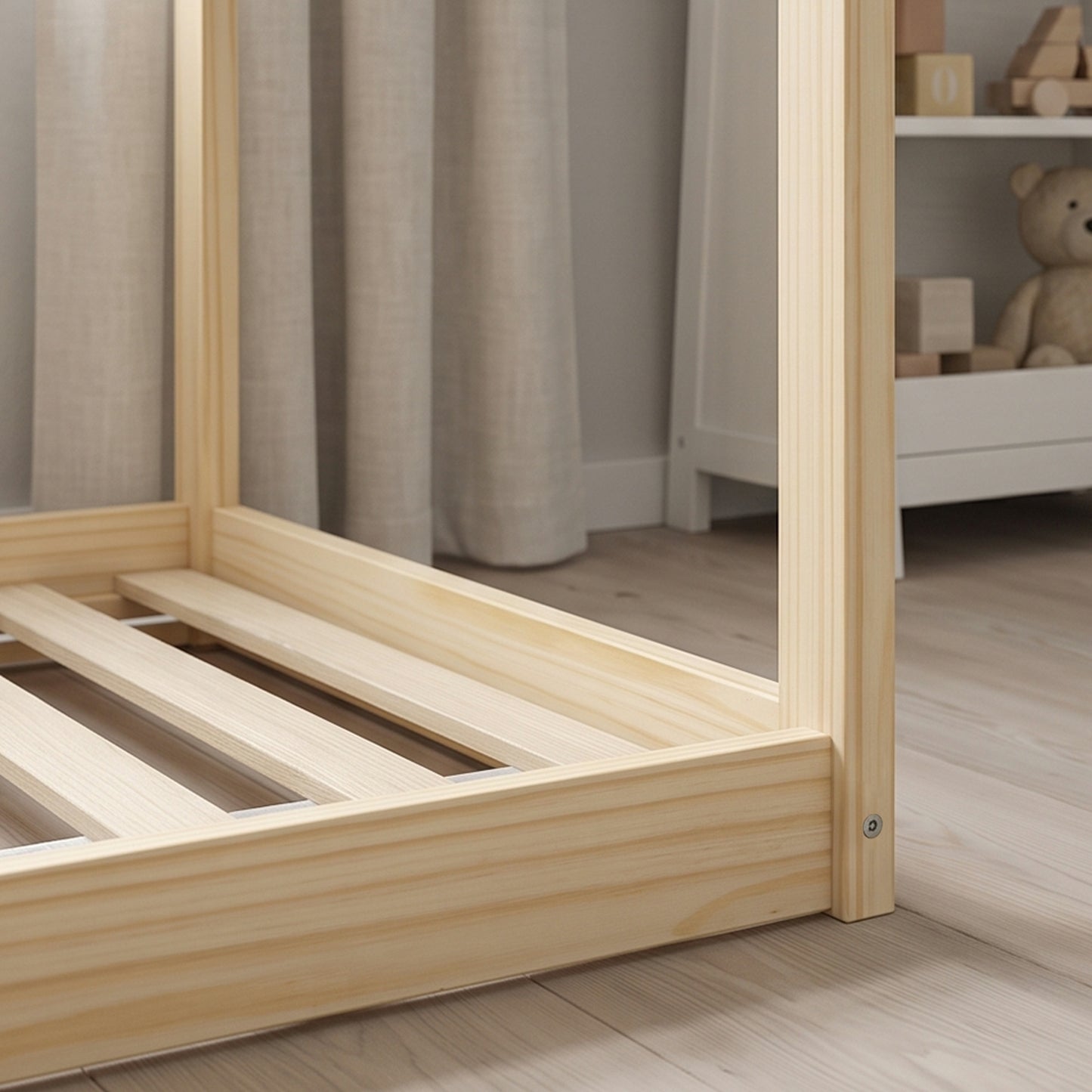 HOMCOM Single Bed Frame House Shaped Scandinavian Wooden Bed Frame for 90W x 190Dcm Mattress Pine Wood Natural Finish