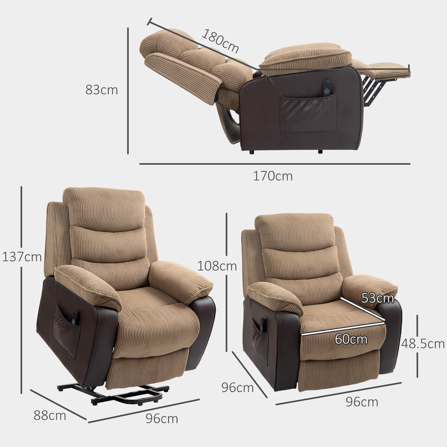 HOMCOM Overstuffed Corduroy Electric Lift Recliner Chair With USB Port And 45 Degree Recline Footrest Brown
