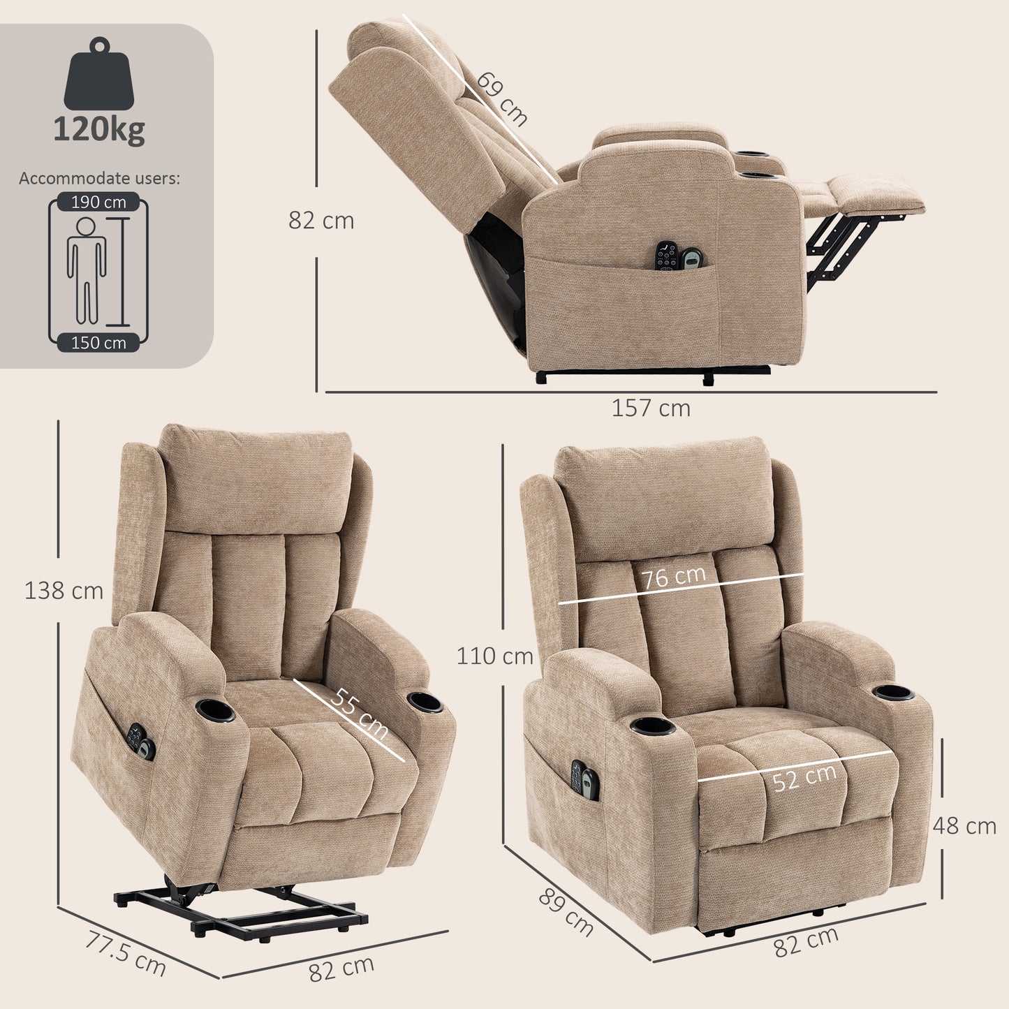 HOMCOM Power Lift Recliner Chair With Vibration Massage And Heat In Chenille For Elderly Brown