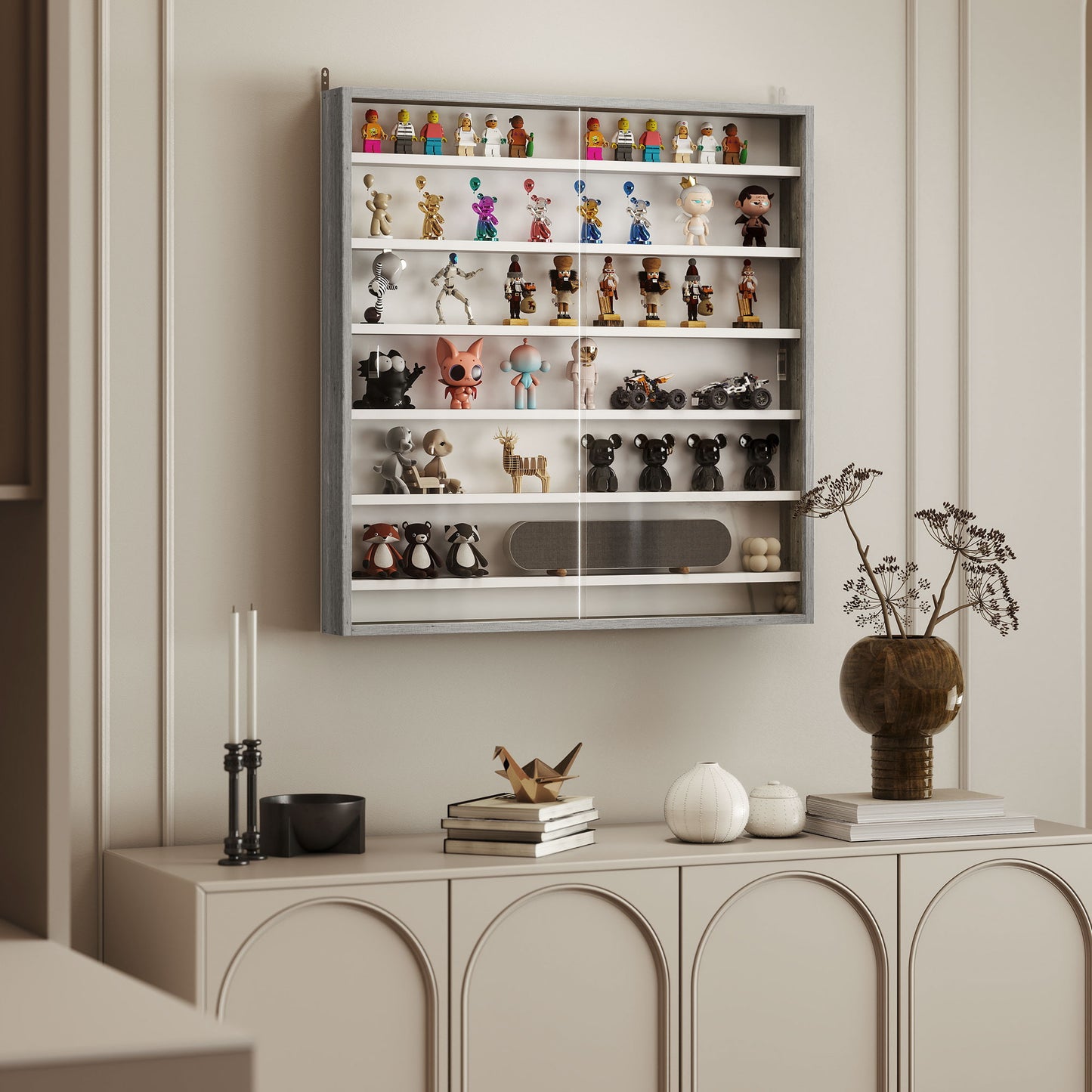 HOMCOM Six Shelf Display Cabinet with Glass Doors Graphite Wood Effect Wall Mounted