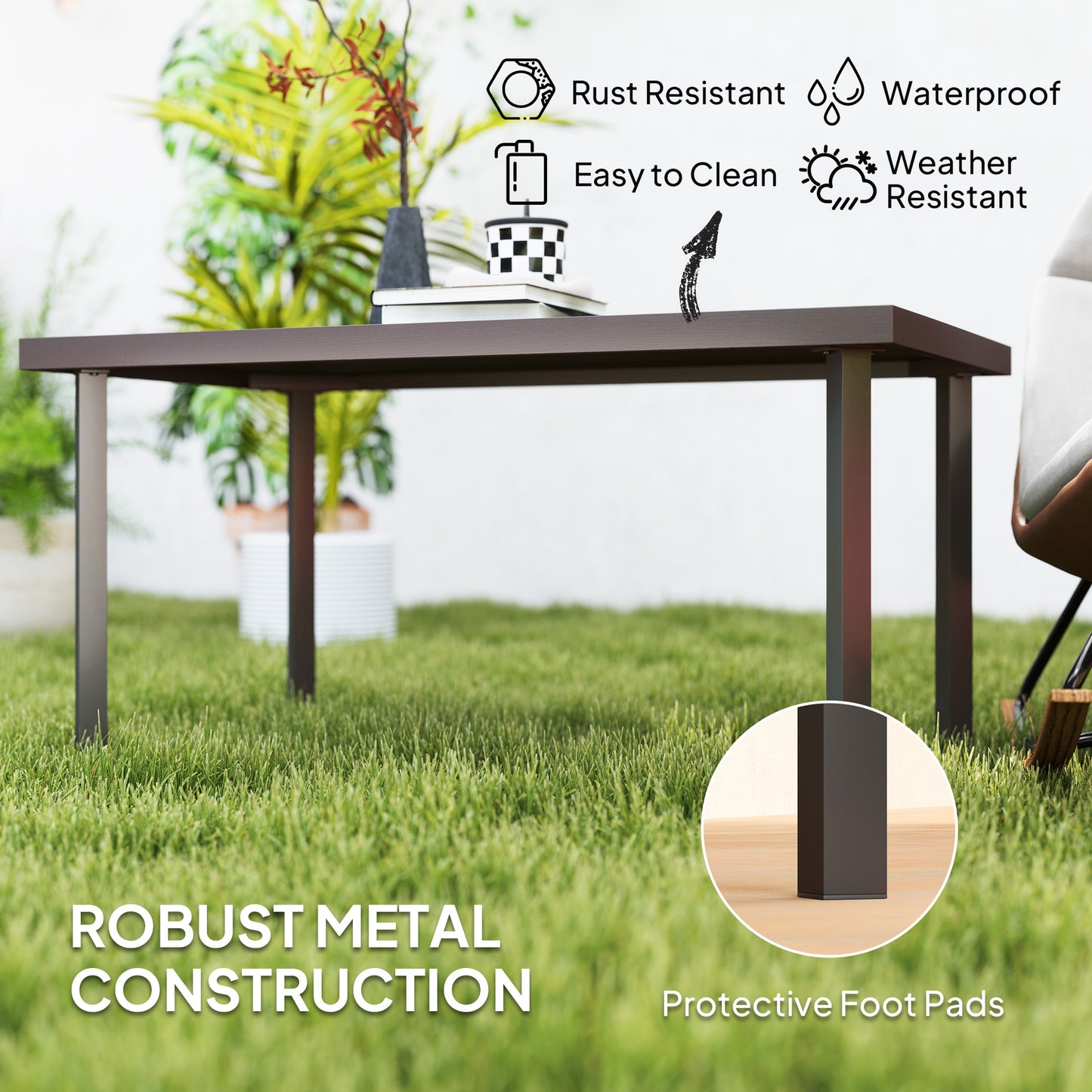Metal Outdoor Garden Coffee Table With Woodgrain Top For Patio Balcony Porch 95 x 55 x 46 cm Brown