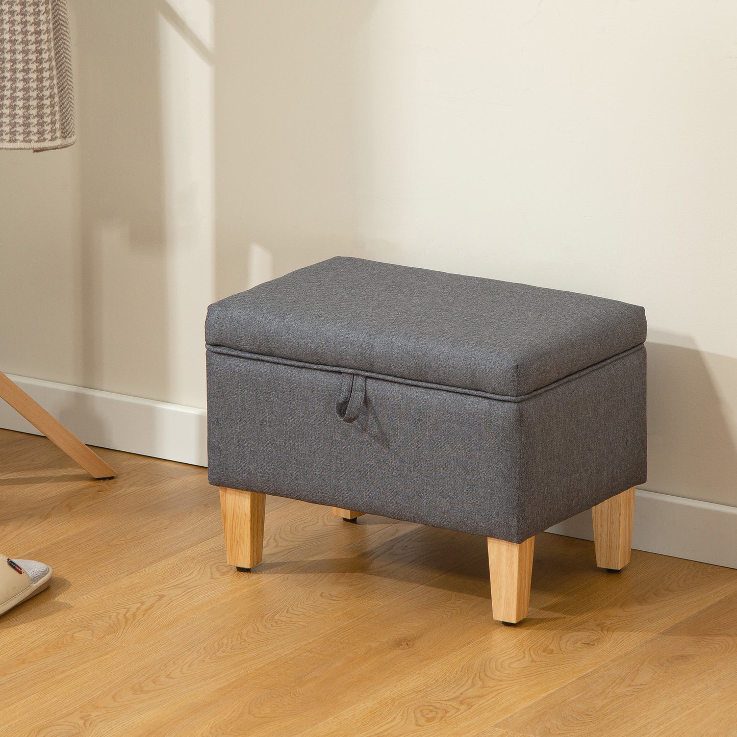 Homcom 16L Linen Storage Ottoman With Padded Seat And Rubberwood Legs Bed End Shoe Bench Charcoal Grey