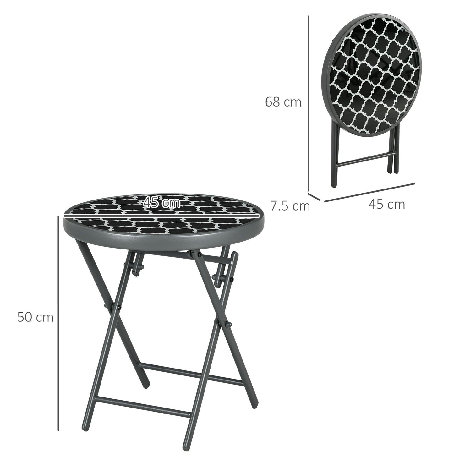 Outsunny Î¦45cm Outdoor Side Table, Round Folding Patio Table with Imitation Marble Glass Top, Small Coffee Table, Black - ALL4U RETAILER LTD