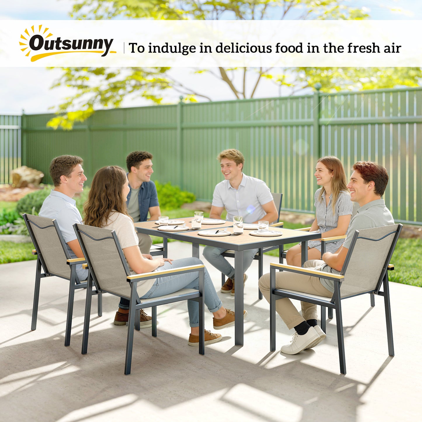 Outsunny Seven Piece Metal Garden Dining Set With Glass Top Table Khaki Outdoor Patio Furniture
