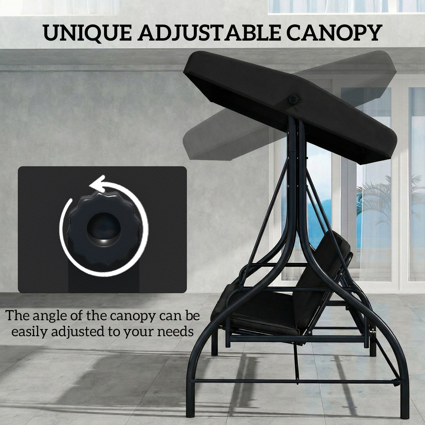 Outsunny 3 Seater Canopy Swing Chair With Adjustable Canopy And Metal Frame Black 2 In 1 Garden Swing Seat Bed