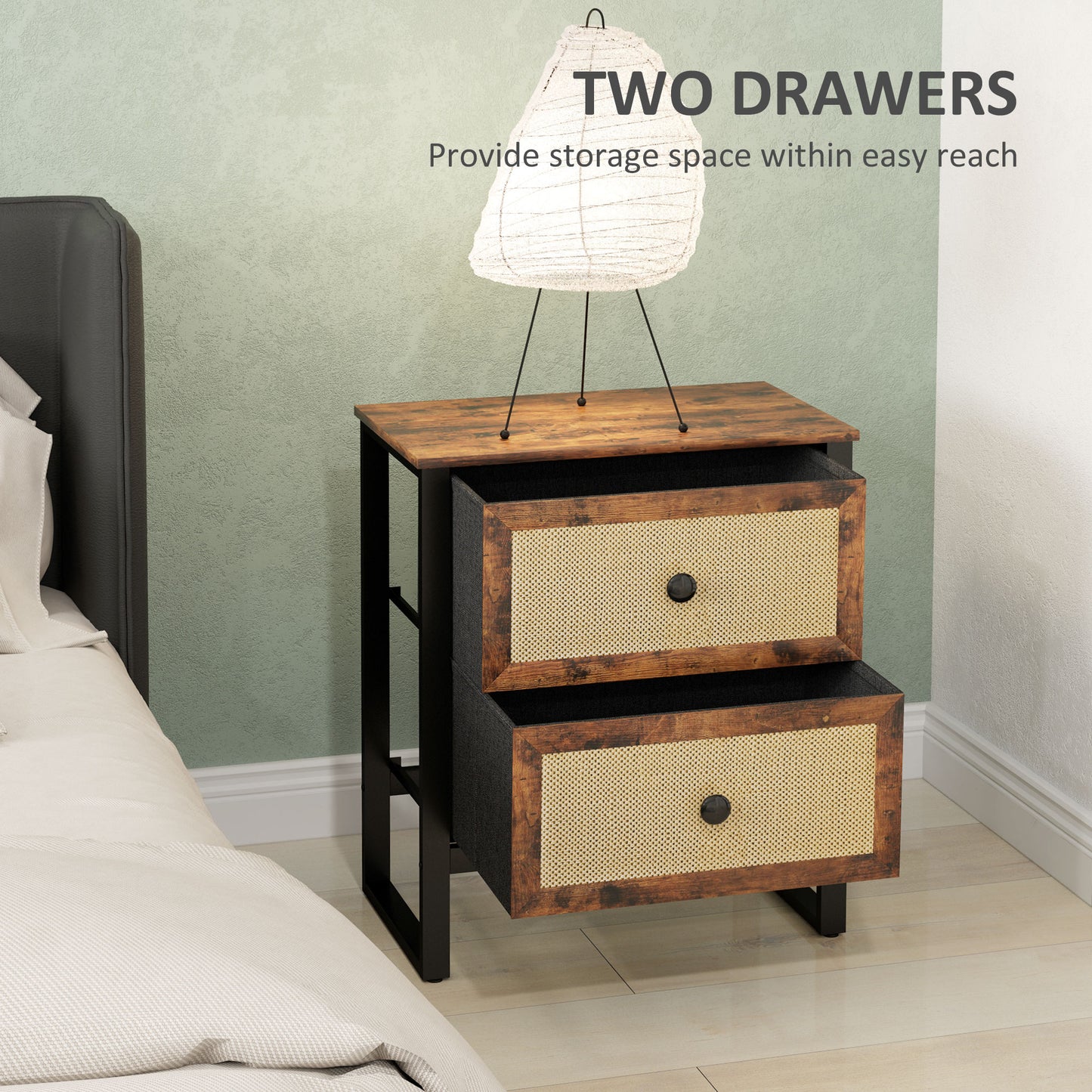 HOMCOM Industrial Natural Bedside Table Set of 2 Brown With Two Drawers and Woven Panels