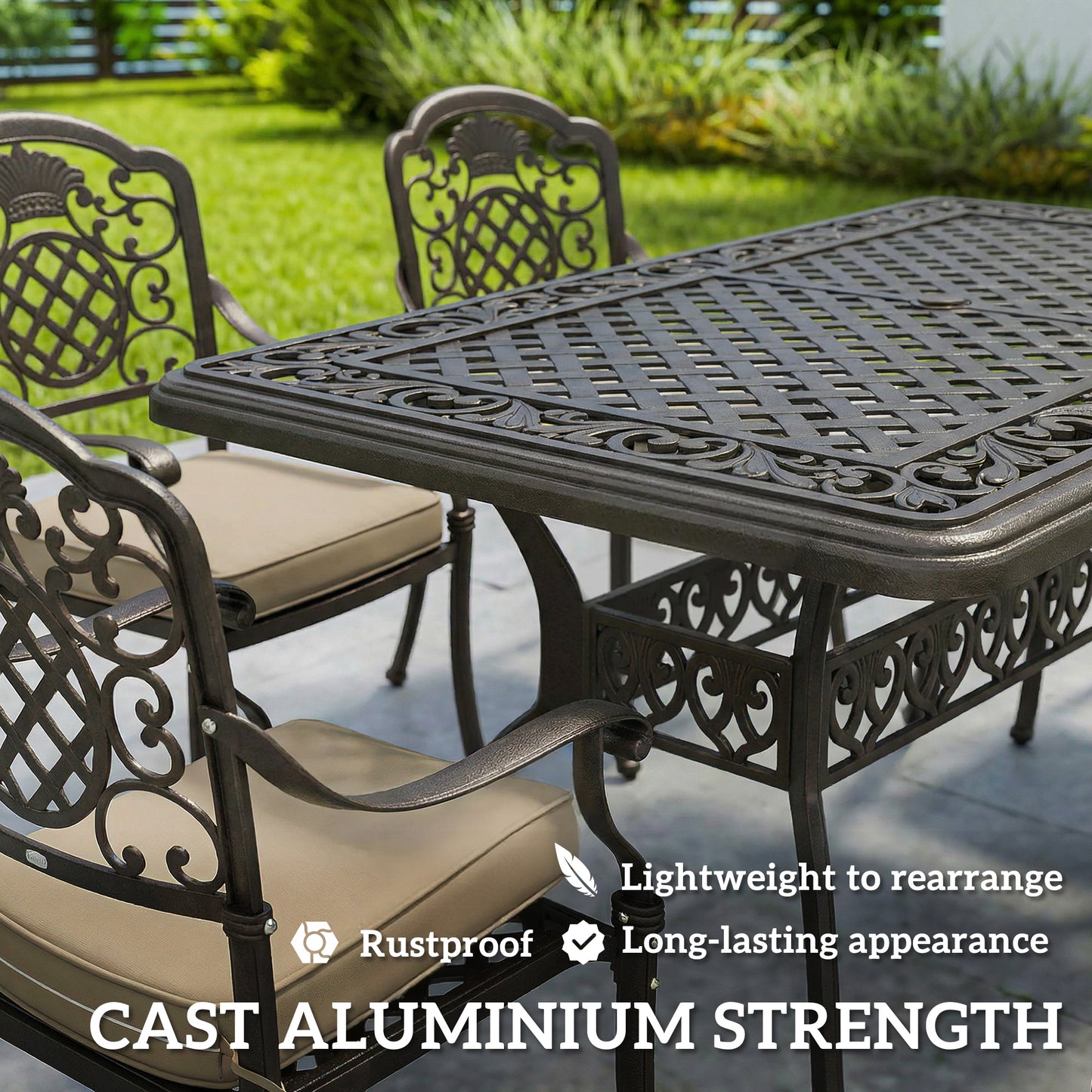Outsunny Garden Dining Set For 6 Cast Aluminium Outdoor Table And Chairs With Cushions And Parasol Hole Bronze Tone
