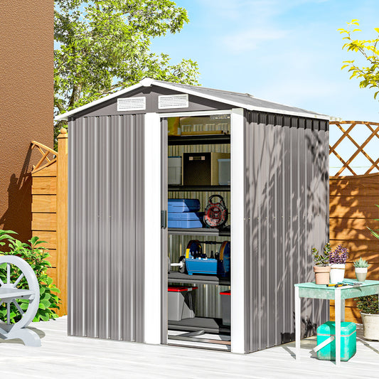 Outsunny Garden Metal Tool Storage Shed With Sliding Door Sloped Roof And Foundation Kit 152 By 132 By 188 Cm Grey