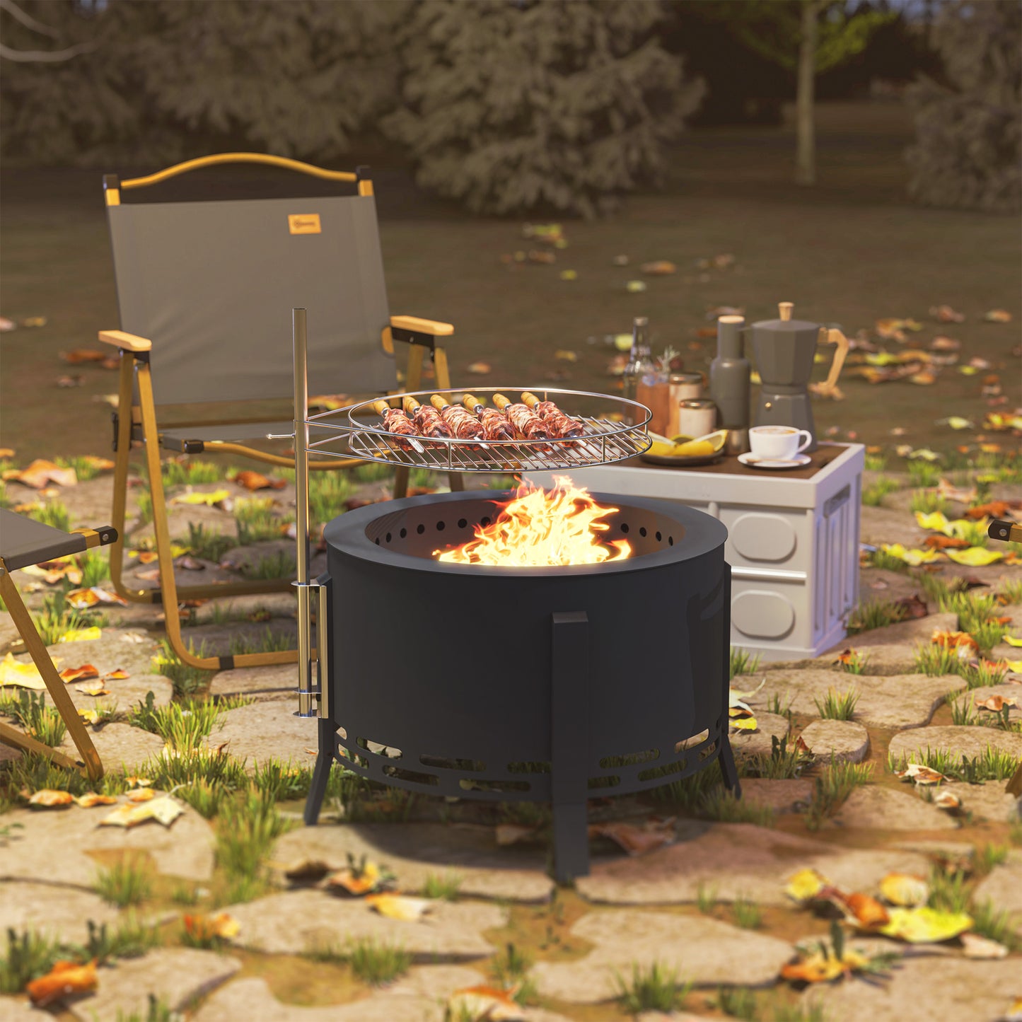 Outsunny Portable Fire Pit 58 cm Round With Grill Grate Ash Catcher And Poker For Garden Camping Bonfire BBQ Black