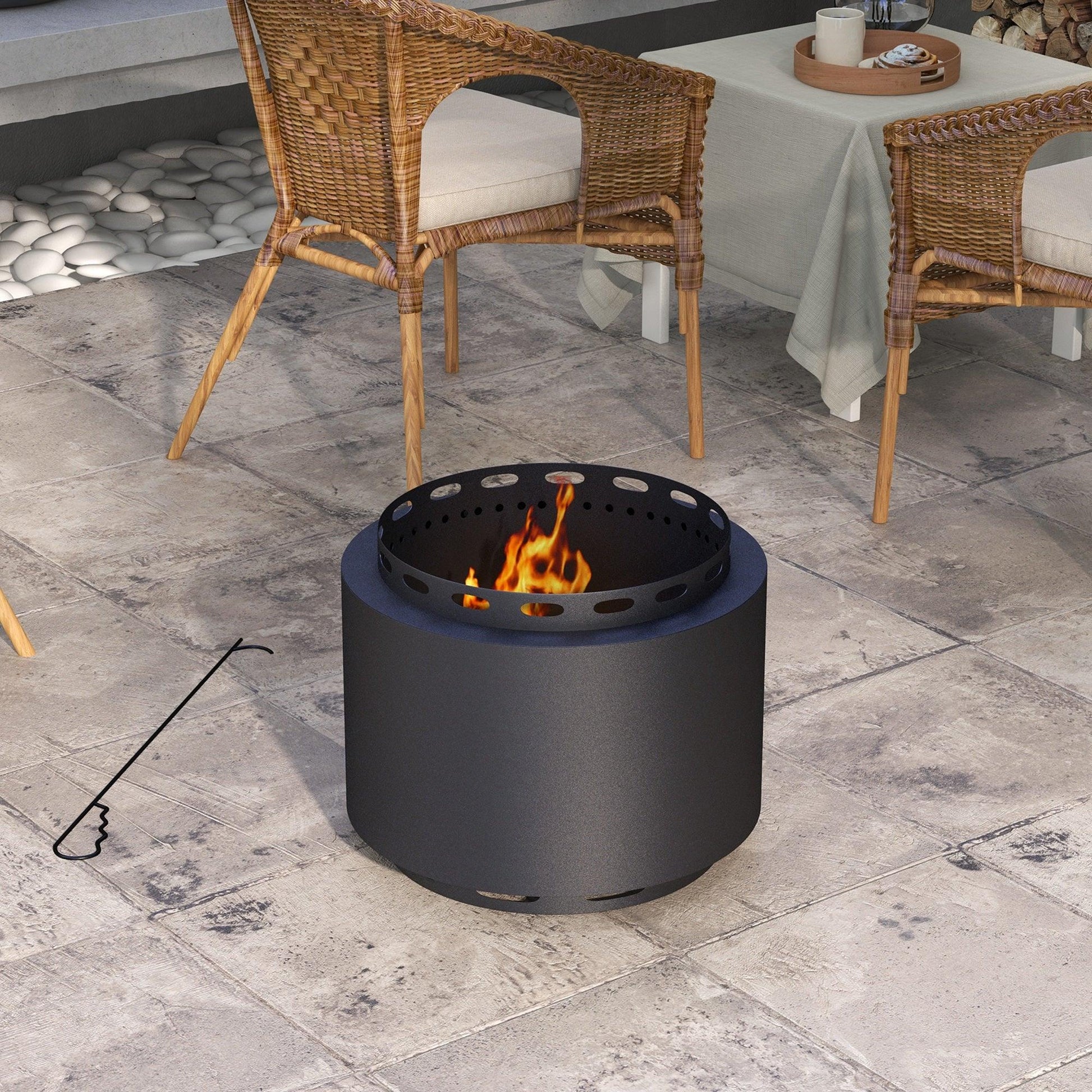 Outsunny Smokeless Fire Pit, 48.5cm Portable Wood Burning Firepit with Poker for Garden Camping Bonfire Party, Metal, Black - ALL4U RETAILER LTD