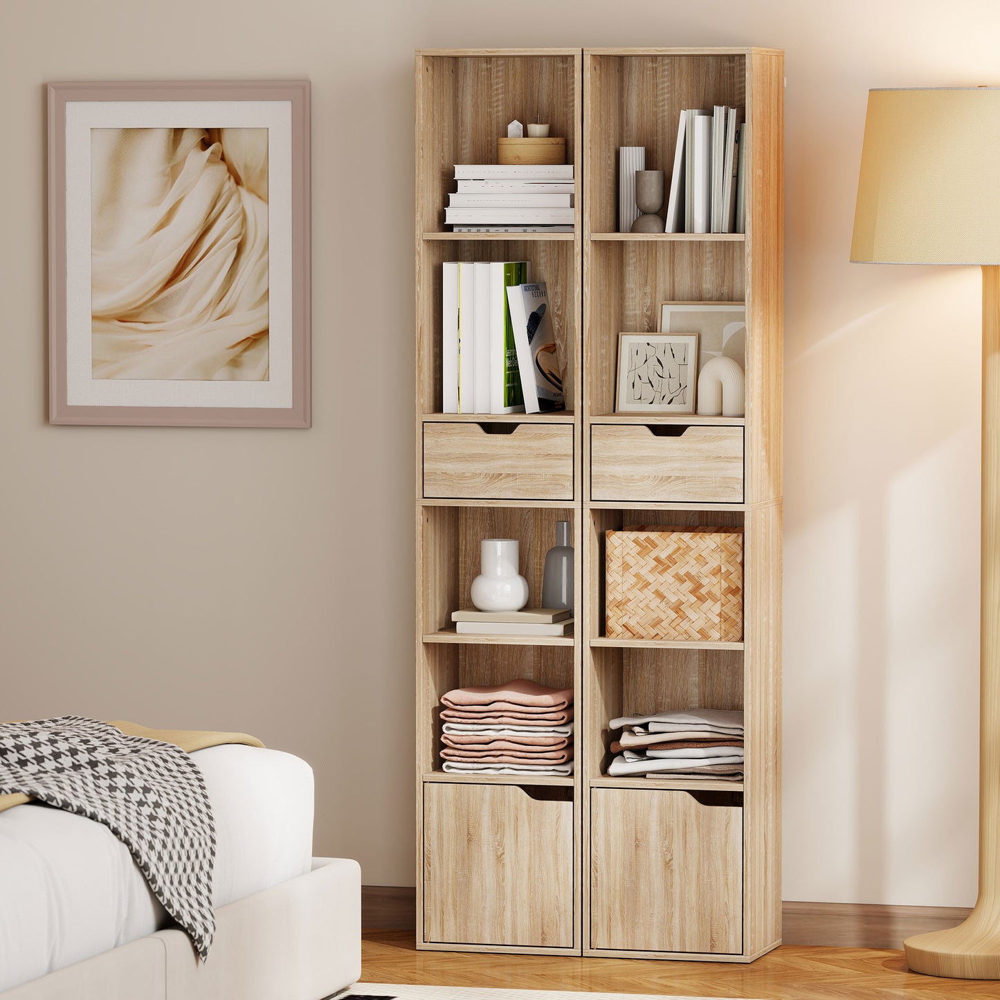 HOMCOM Six Tier Tall Narrow Bookcase With Drawer And Door Natural Wood Finish Durable Storage