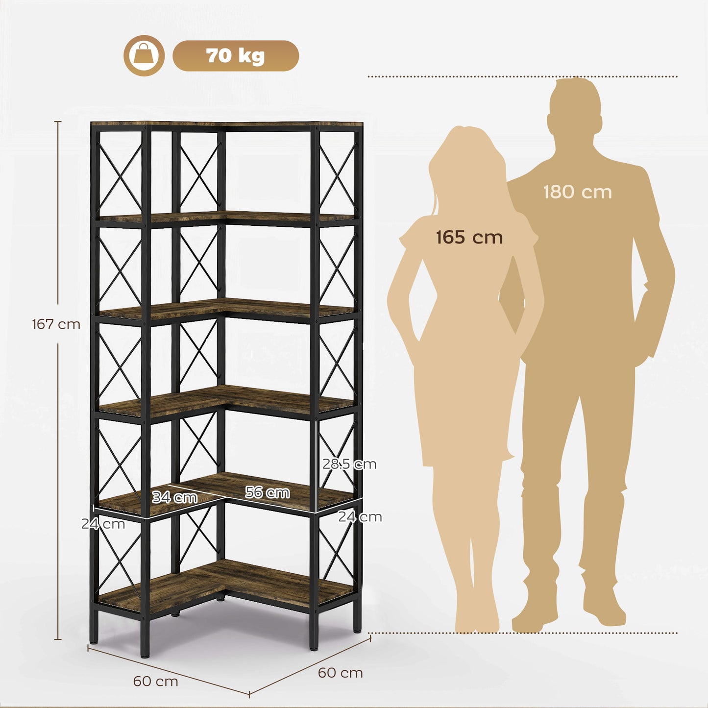 HOMCOM 5 Tier L Shaped Bookshelf Freestanding Corner Bookcase With Metal Frame Rustic Brown