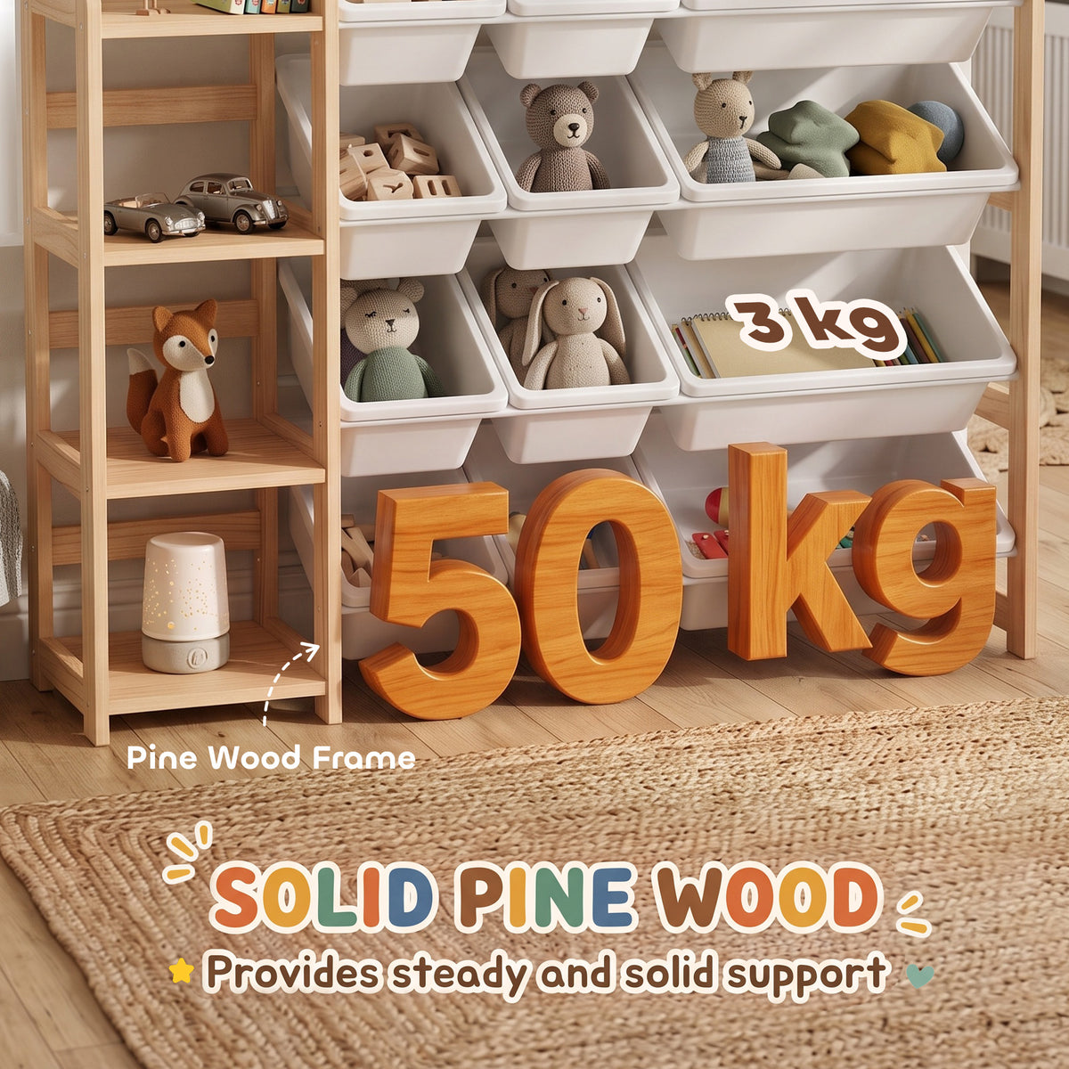 Wooden toy storage organizer with open bins and three rows of compartment storage