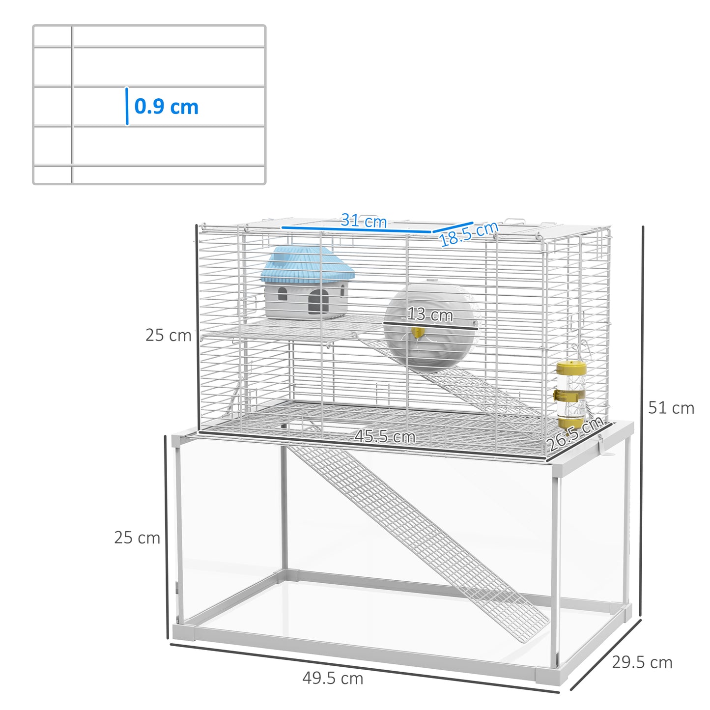 PawHut Three-Level White Gerbil and Dwarf Hamster Cage with Glass Base, Exercise Wheel, Ramp, and Hut - ALL4U RETAILER LTD