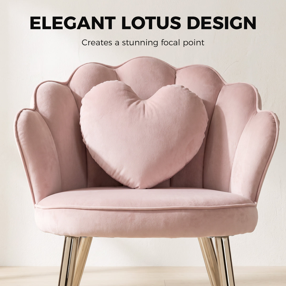 HOMCOM Velvet Accent Chair With Lotus Back And Heart Pillow Soft Pink