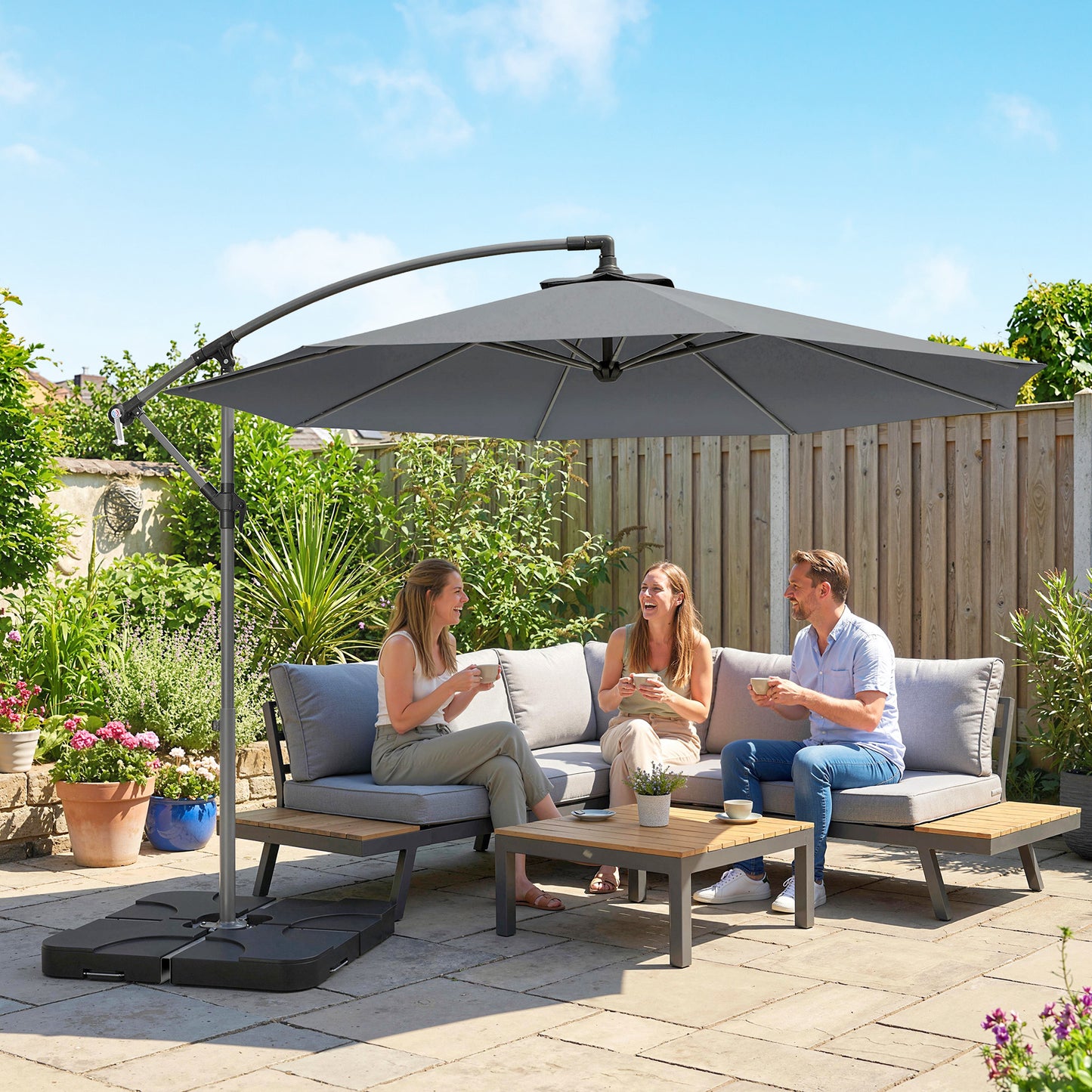 Outsunny 3m Overhanging Cantilever Parasol With Base Weights And Cover In Dark Grey
