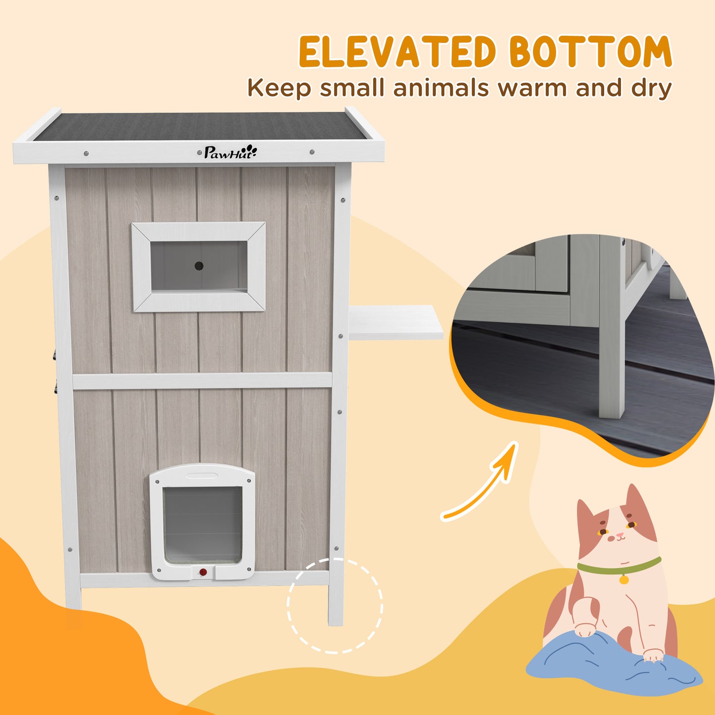 PawHut Light Grey Two-Tiered Wooden Cat Shelter with Escape Doors and Removable Bottom for Outdoor Fun - Ideal for 1-2 Cats - ALL4U RETAILER LTD