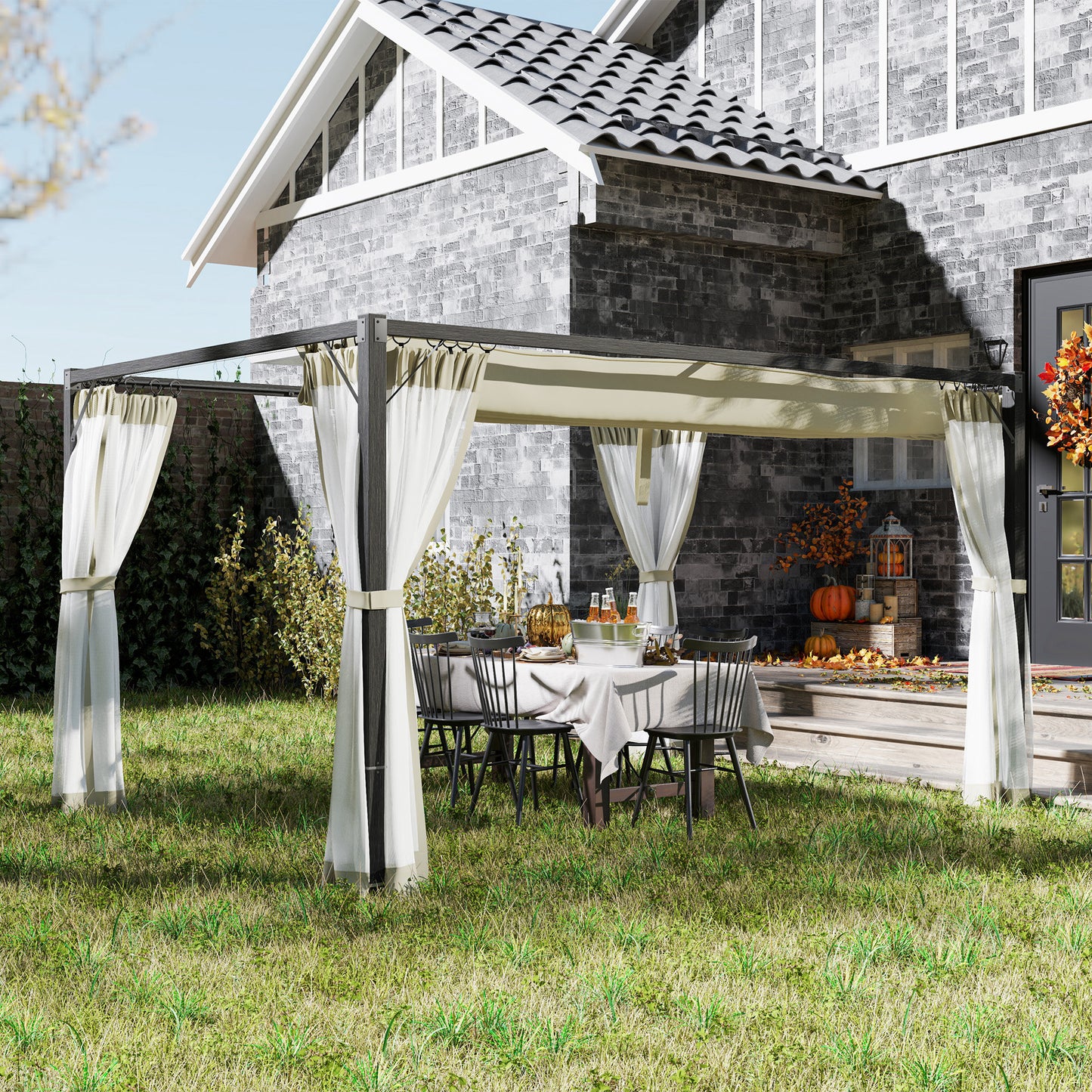 Outsunny 3x4m Aluminium Frame Pergola With Retractable Roof In Khaki Outdoor Garden Shade