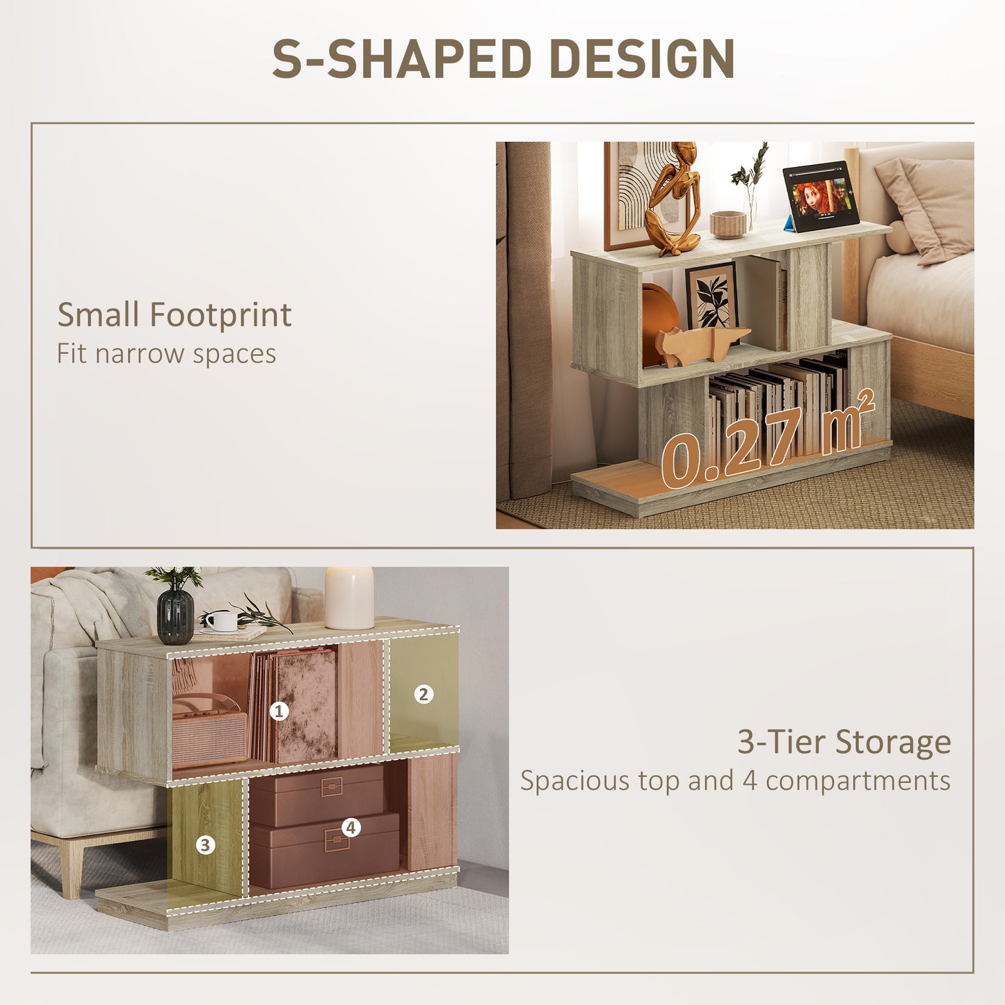 HOMCOM S Shaped Side Table Natural Wood Finish With Storage Compartments For Small Spaces