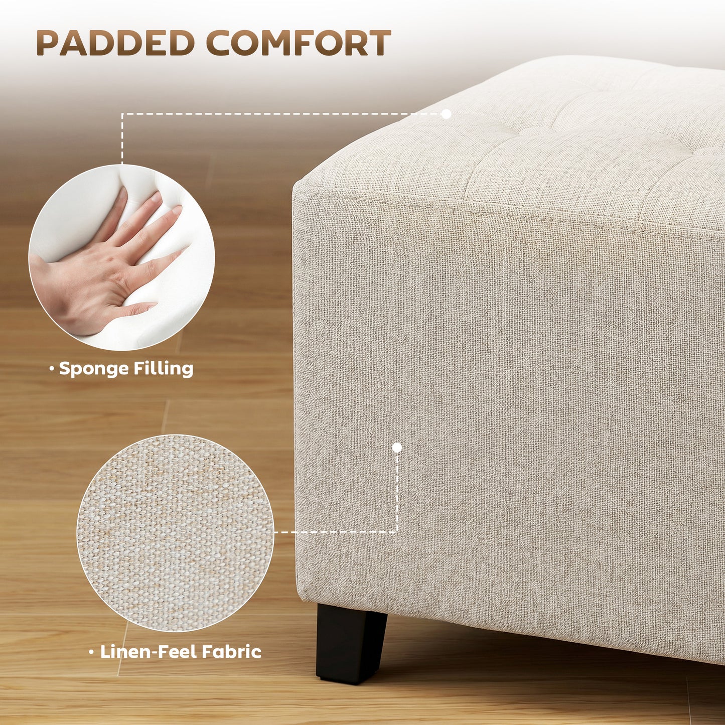 HOMCOM Small Storage Ottoman Square Footstool With Side Pocket Rubber Wood Legs Padded Beige Living Room