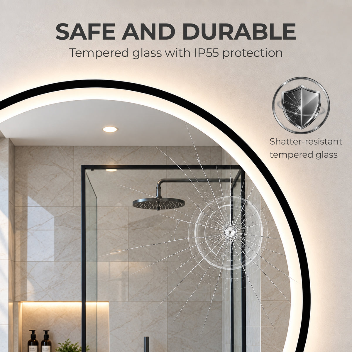 Round LED bathroom mirror with tempered glass and bright halo light edge
