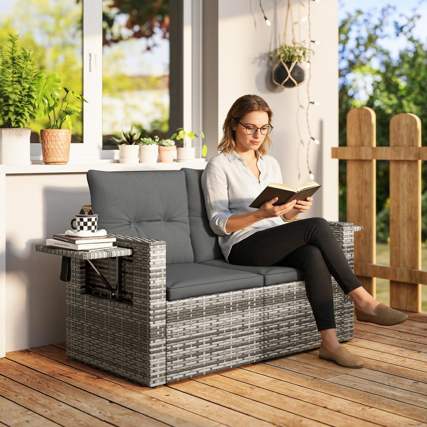 Outsunny 2 Seater Rattan Sofa With Hidden Side Trays And Cushions Converts To Two Chairs Patio Balcony Dark Grey
