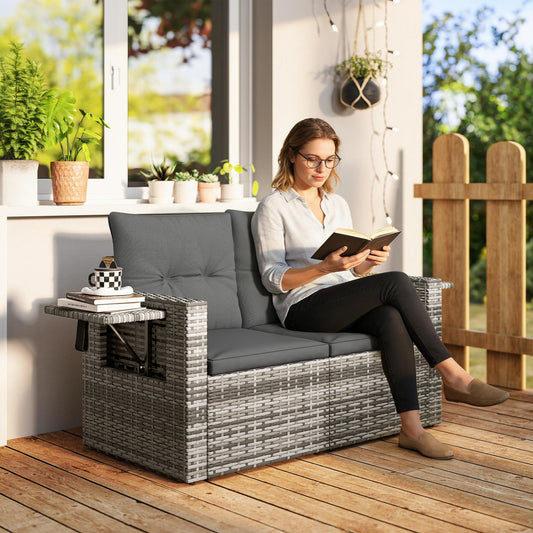 Outsunny 2 Seater Rattan Sofa With Hidden Side Trays And Cushions Converts To Two Chairs Patio Balcony Dark Grey