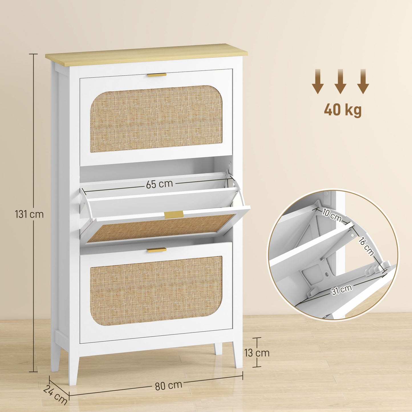 HOMCOM Narrow Shoe Cabinet Boho Slim Shoe Storage With 3 Flip Drawers Holds 21 Pairs White